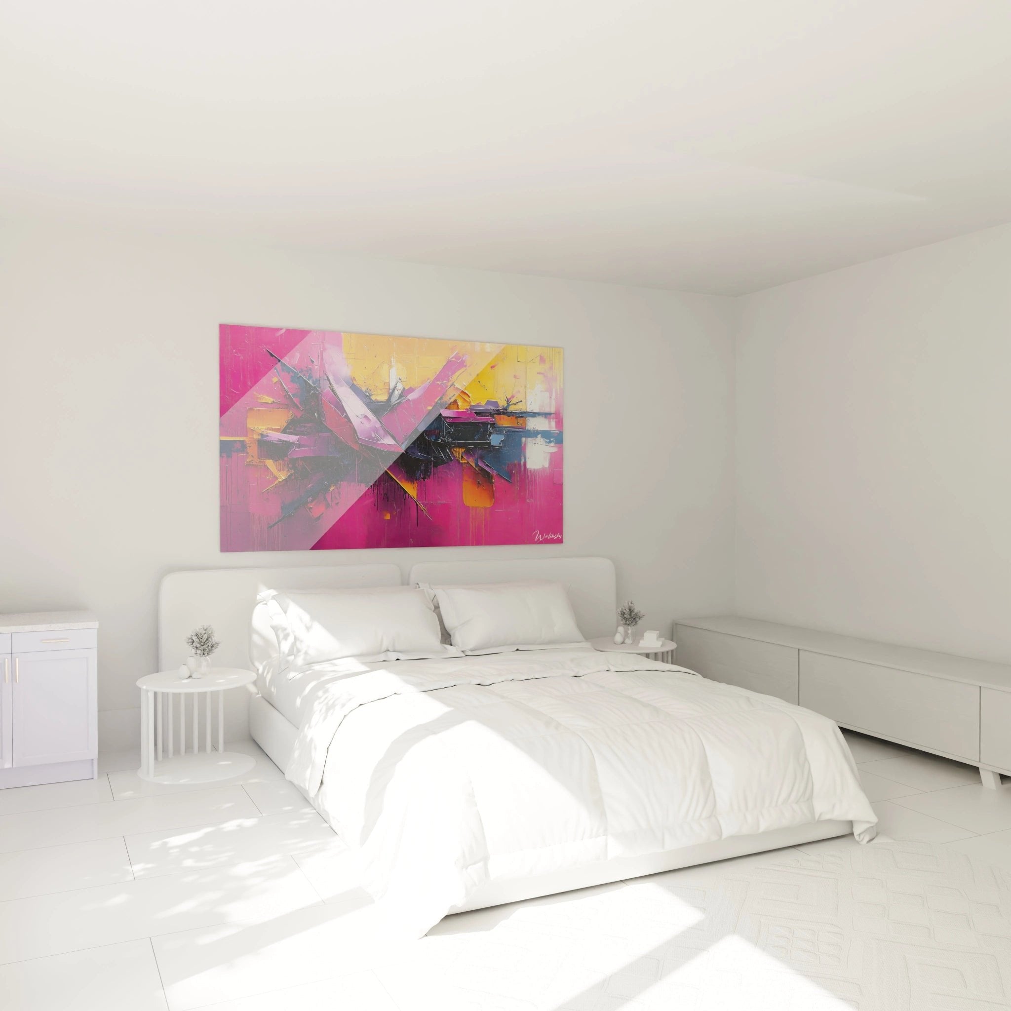 Modernes Schlafzimmer mit abstraktem Pink-Orange Wandbild als zentrales Dekorelement über dem Bett