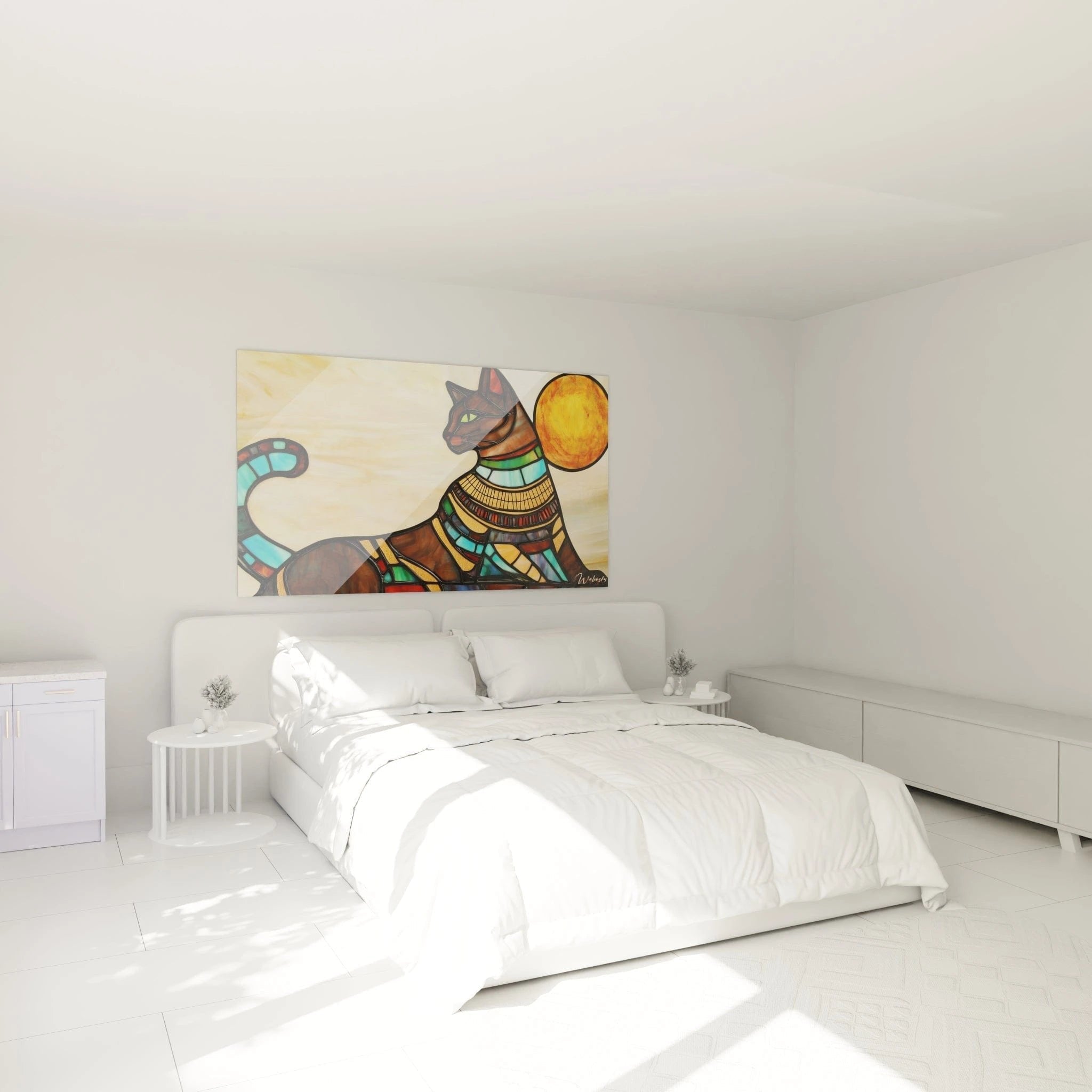Wandbild ägyptische Katze Glasmalerei-Optik als stilvolle Schlafzimmer-Dekoration mit warmen Farben