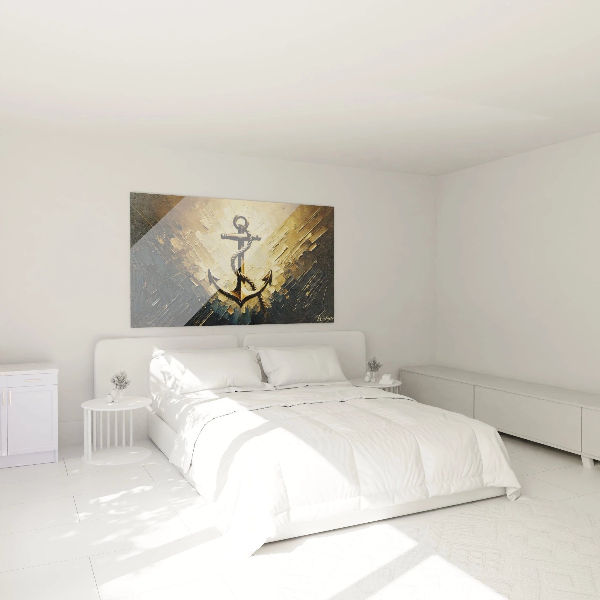 Anker Wandbild mit goldenen Lichtstrahlen im Schlafzimmer, maritime Dekoration für entspannende Atmosphäre