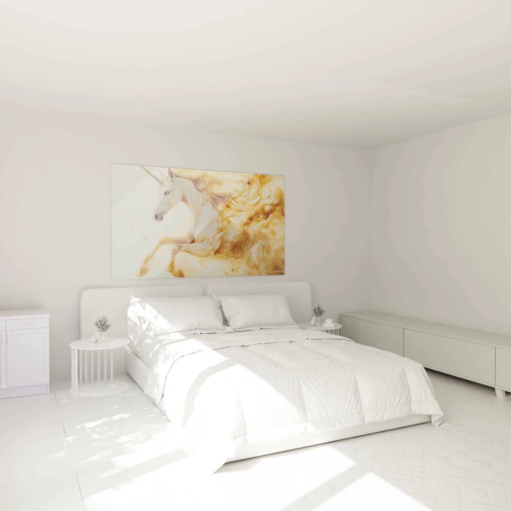 Einhorn Wandbild in goldenem Ambiente im Schlafzimmer, mystische Wanddekoration für entspannende Raumatmosphäre