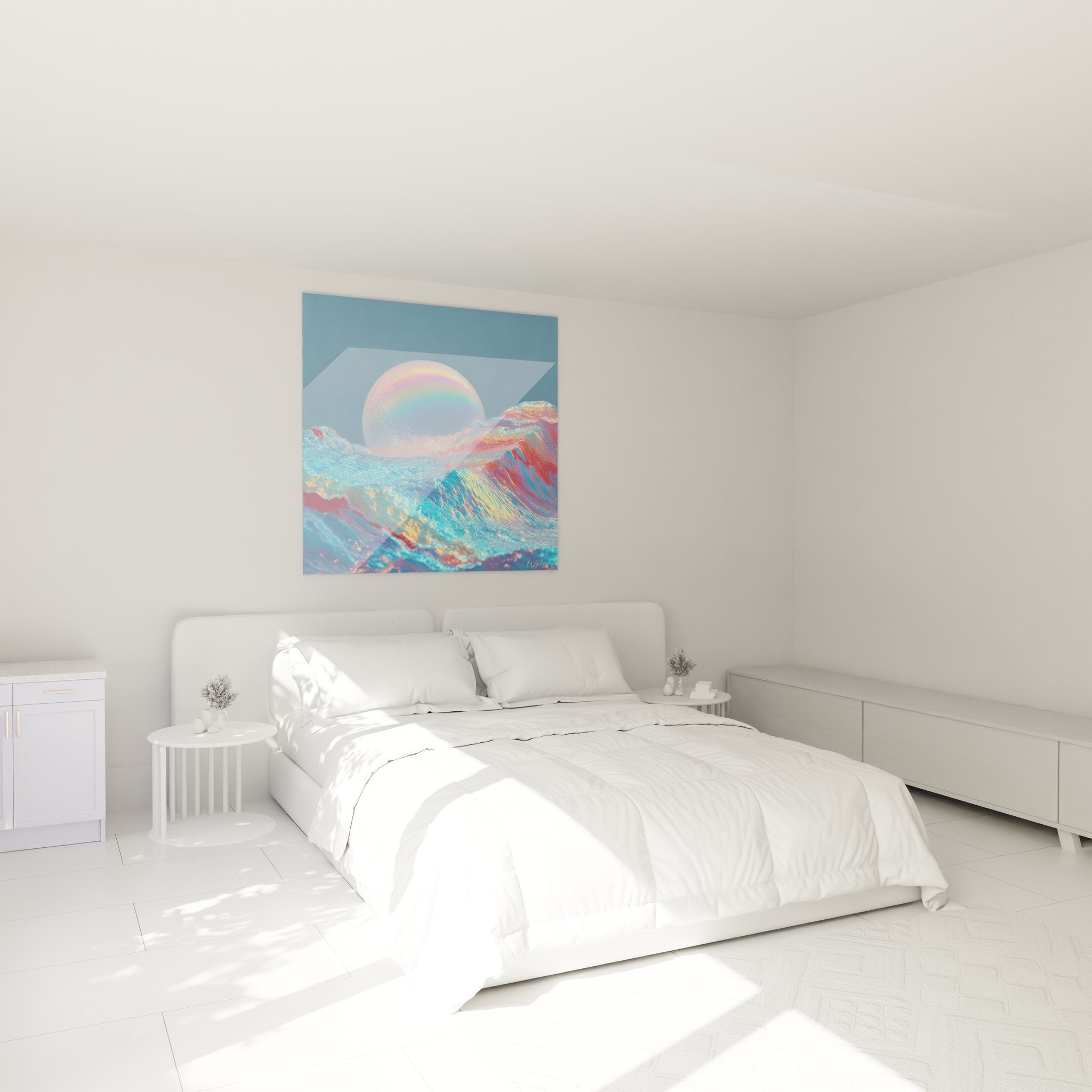 Modernes Schlafzimmer mit Wandbild des holographischen Mondes als stimmungsvolles Deko-Element