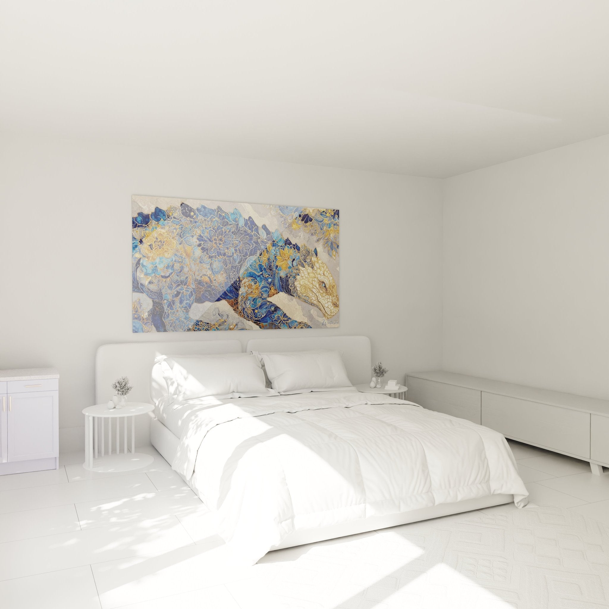 Elegantes Dinosaurier Wandbild im Schlafzimmer - blauer Ankylosaurus mit goldenen Verzierungen als stilvolle Wanddekoration