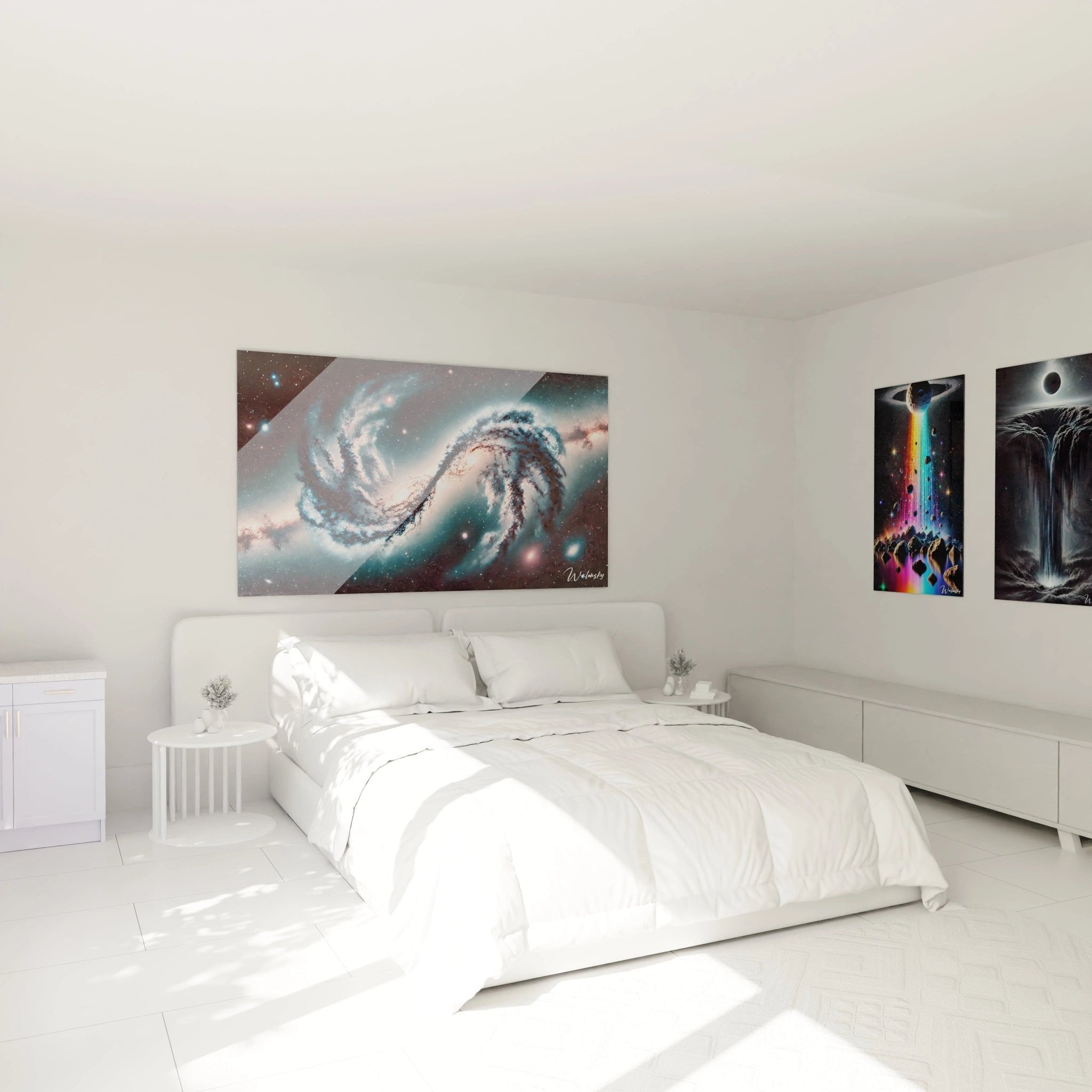 Galaxien-Kollision Wandbild im Schlafzimmer schafft beruhigende kosmische Atmosphäre mit blauen Farbtönen