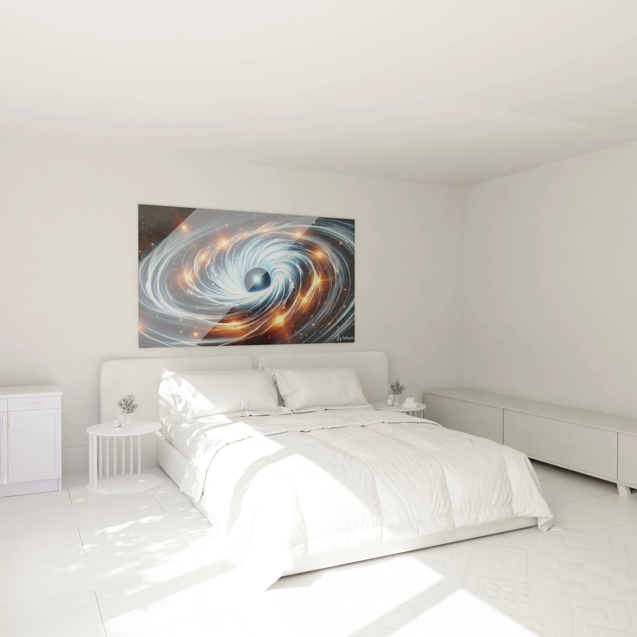 Schwarzes Loch Wandbild als kosmische Dekoration im modernen Schlafzimmer mit warmer Beleuchtung