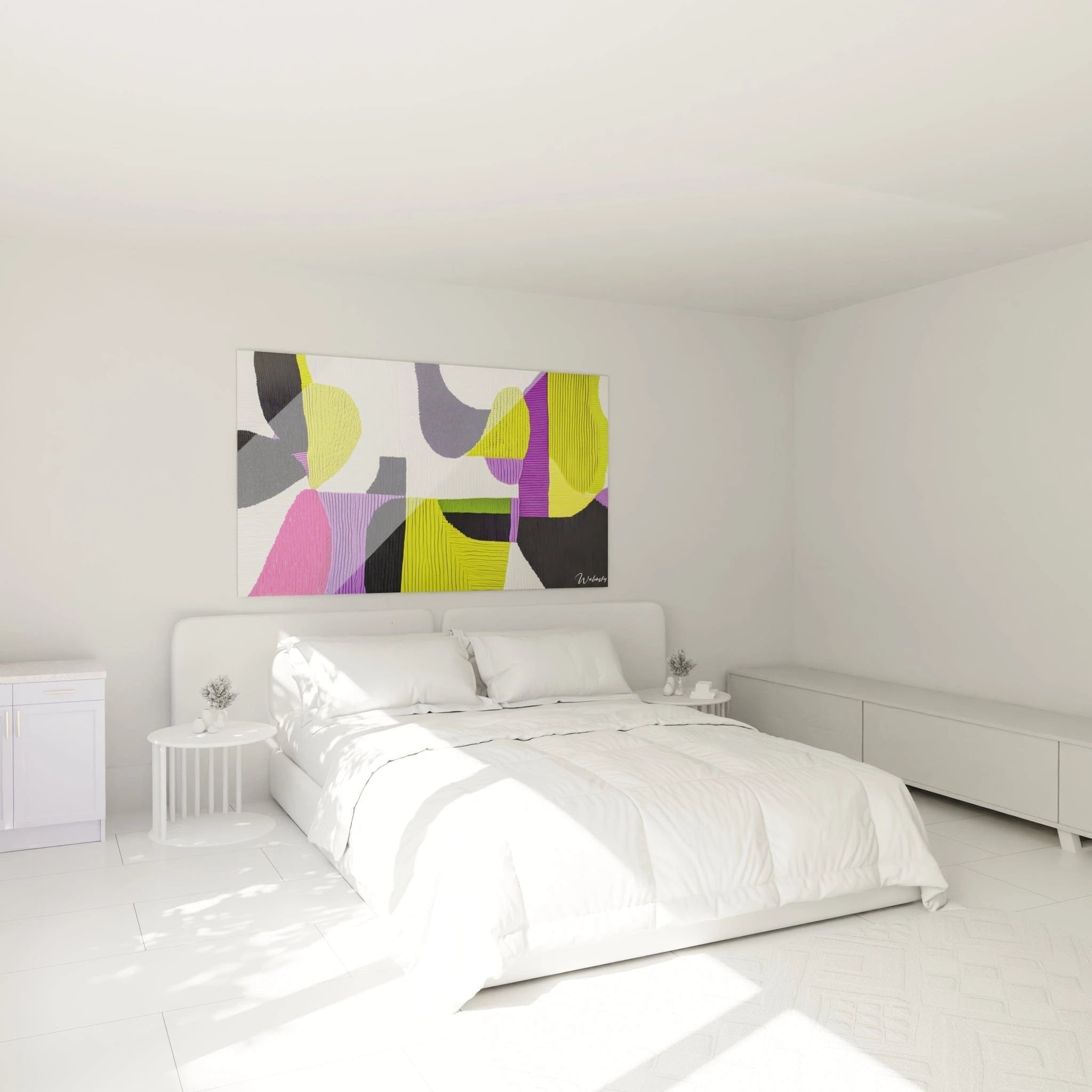 Modernes Schlafzimmer mit abstraktem Häkeloptik-Wandbild über dem Bett, geometrische Farbkomposition