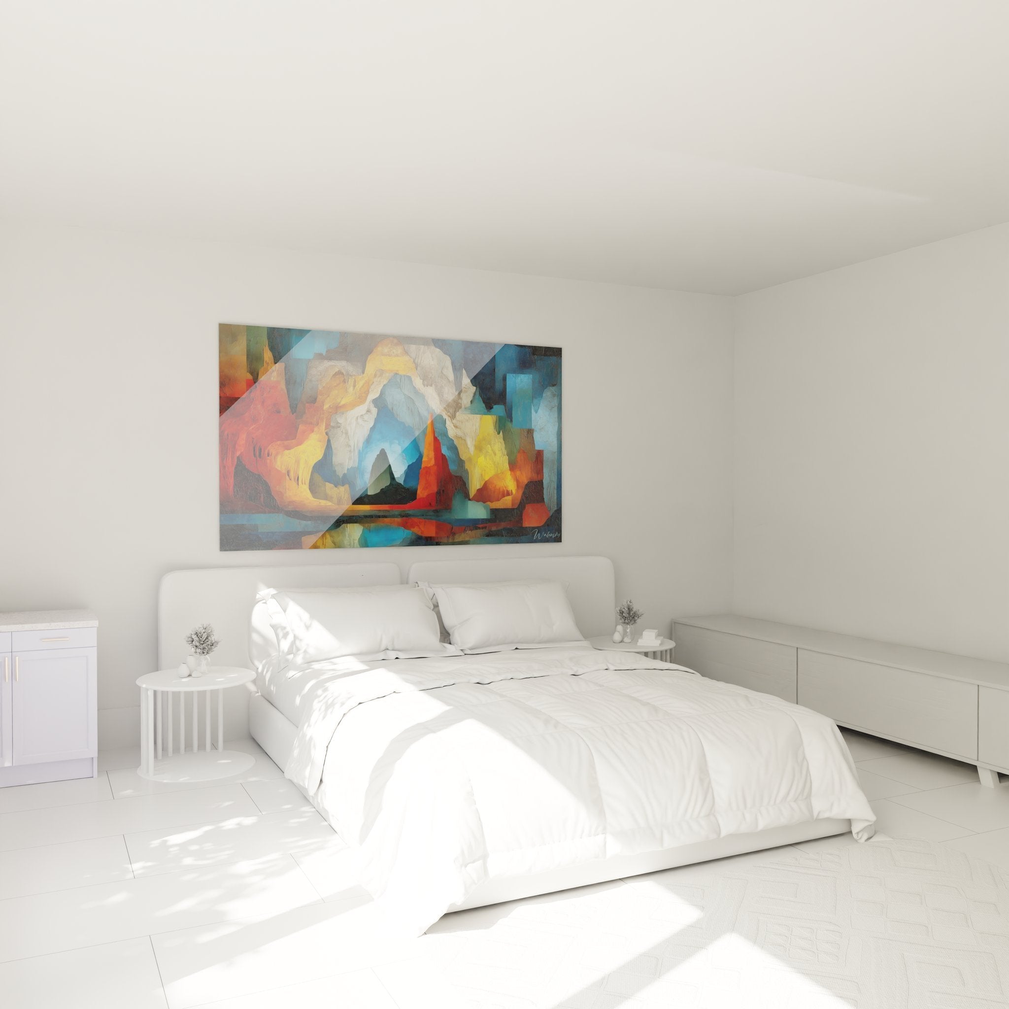 Modernes Schlafzimmer mit abstraktem Höhlenlandschaft-Wandbild als dekorativer Mittelpunkt über dem Bett