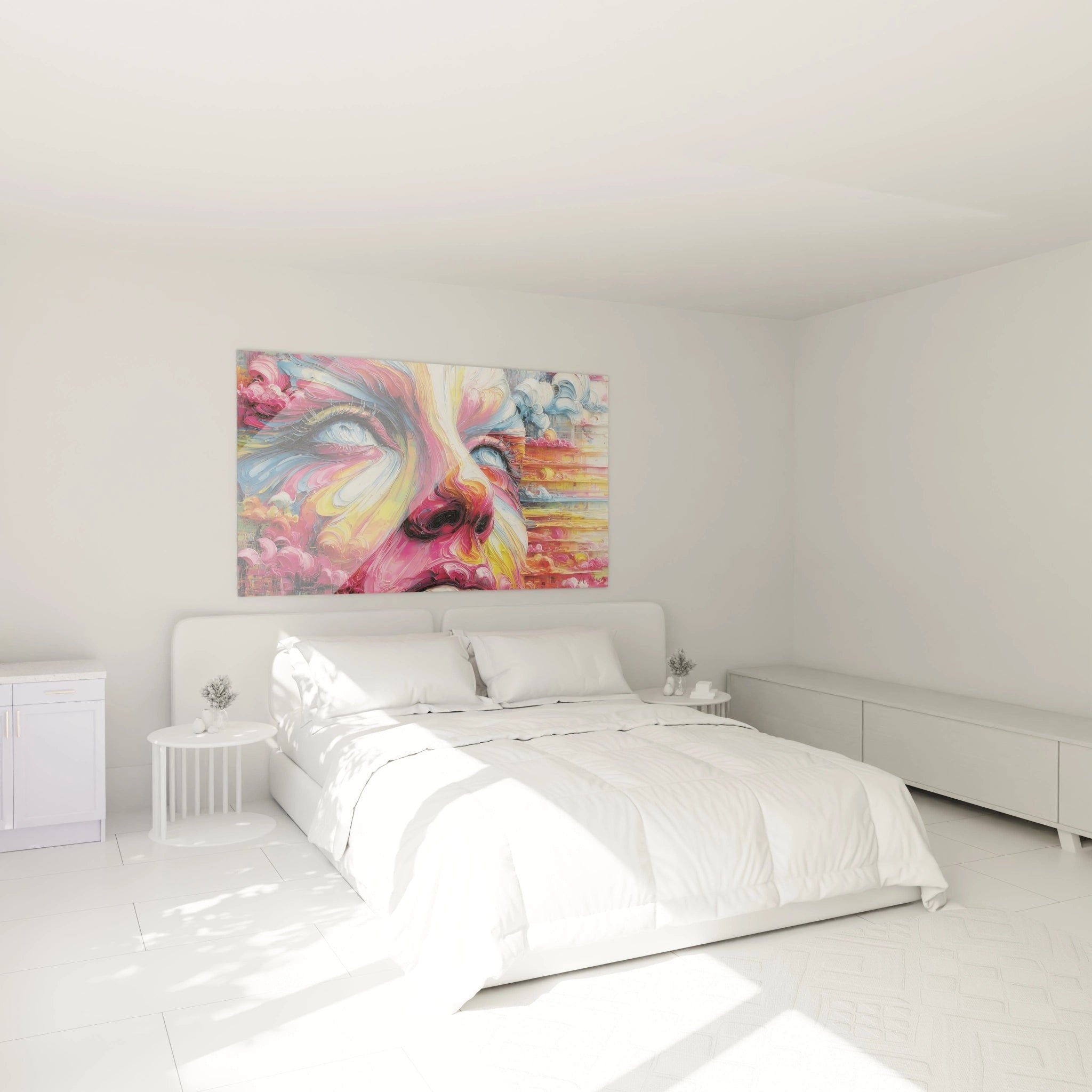 Modernes Schlafzimmer mit abstraktem Farbwirbel-Wandbild über dem Bett - zeitgenössische Wandkunst