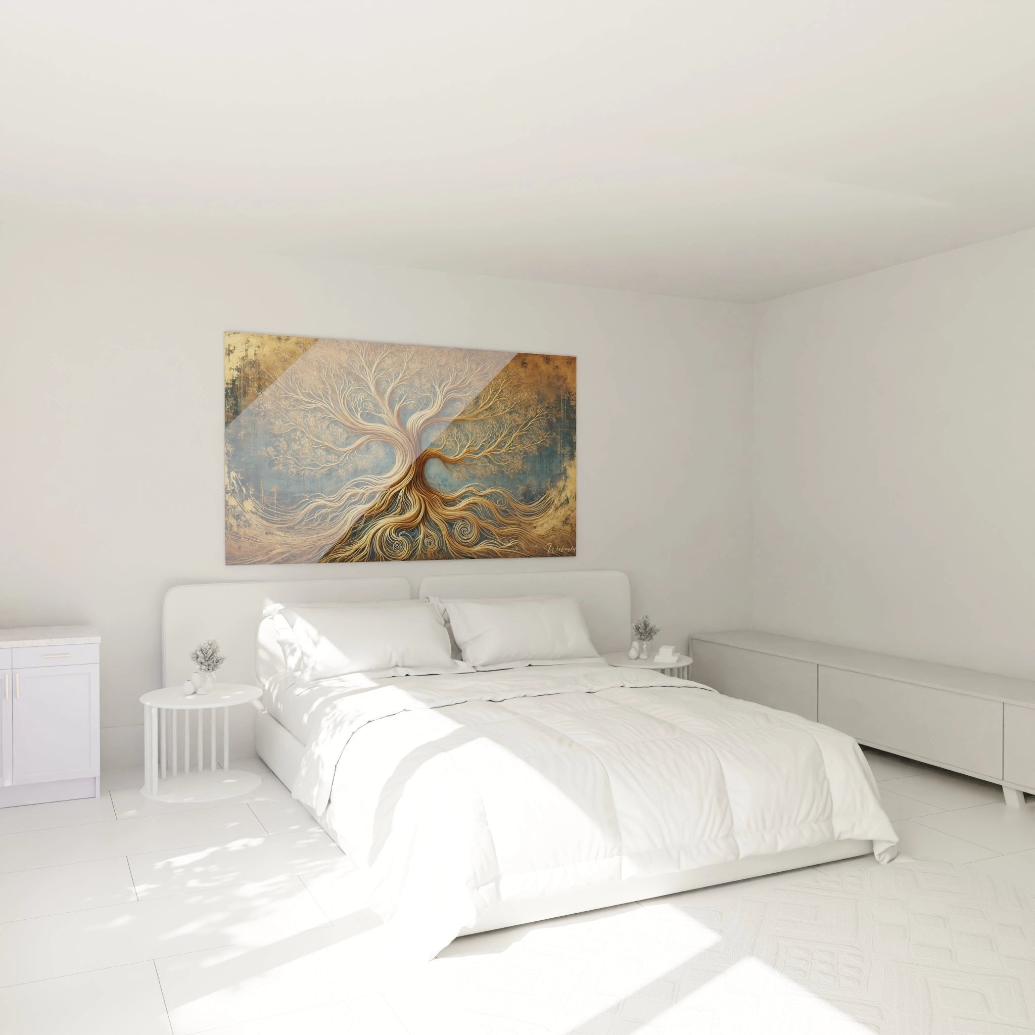 Lebensbaum Wandbild im Schlafzimmer, goldene mystische Kunst als dekorative Wanddekoration über dem Bett
