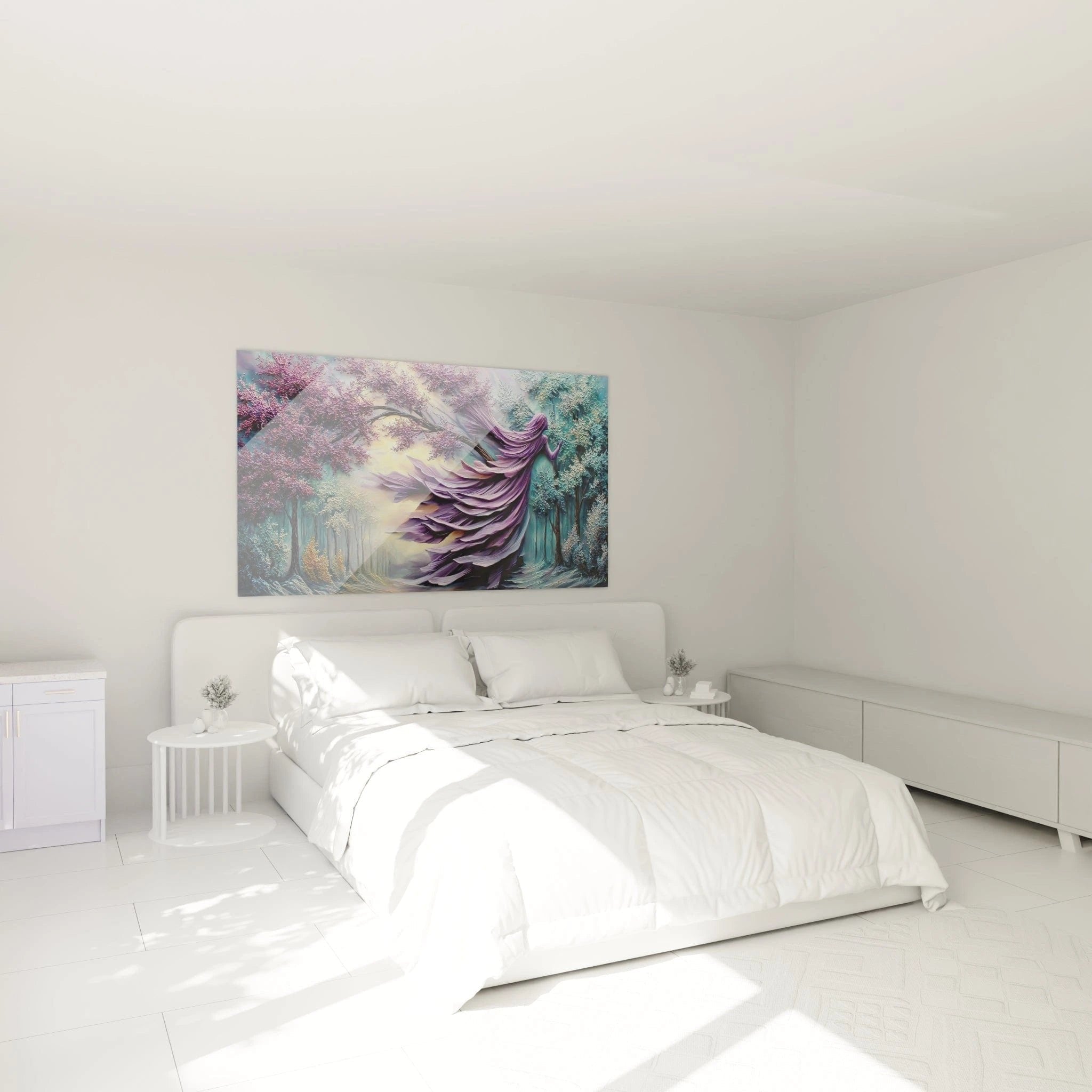 Banshee Wandbild in elegantem Schlafzimmer schafft mystische und beruhigende Atmosphäre