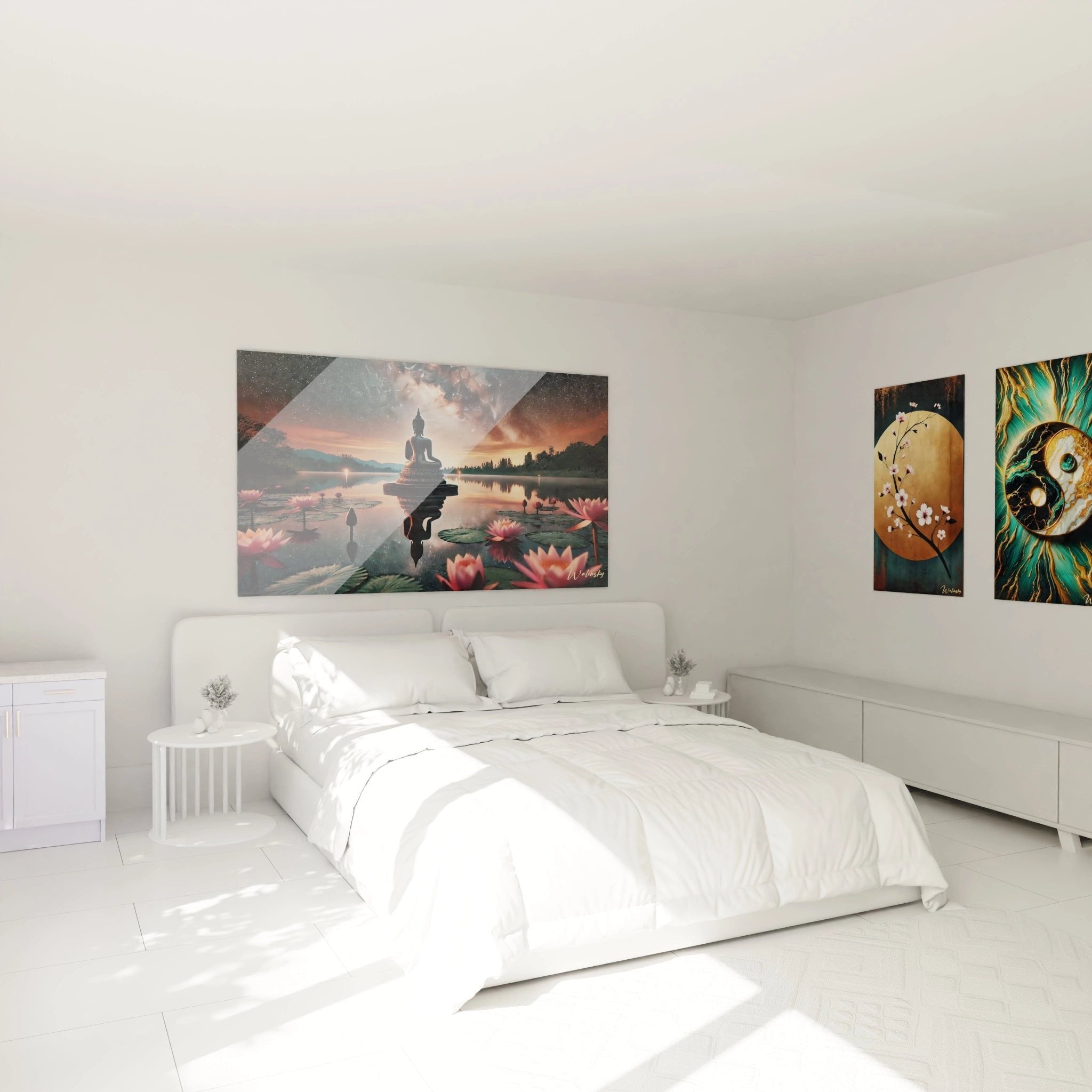 Buddha Meditation Wandbild im Schlafzimmer für friedvolle und entspannende Atmosphäre