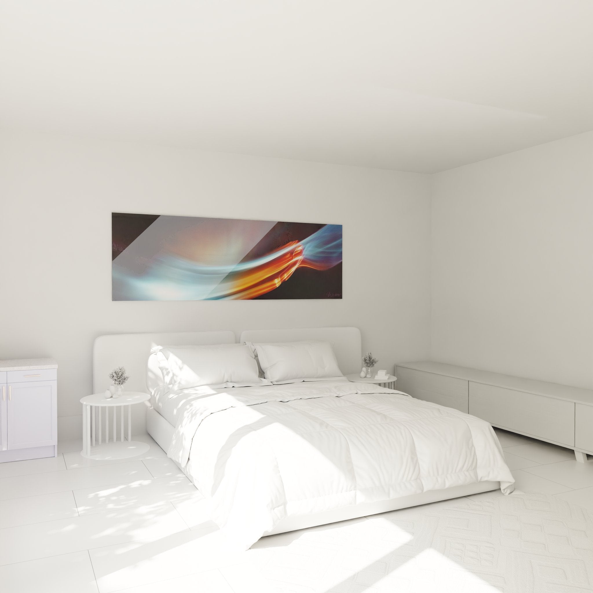 Modernes Schlafzimmer mit abstraktem Lichtwellen-Wandbild als stilvoller Blickfang über dem Bett