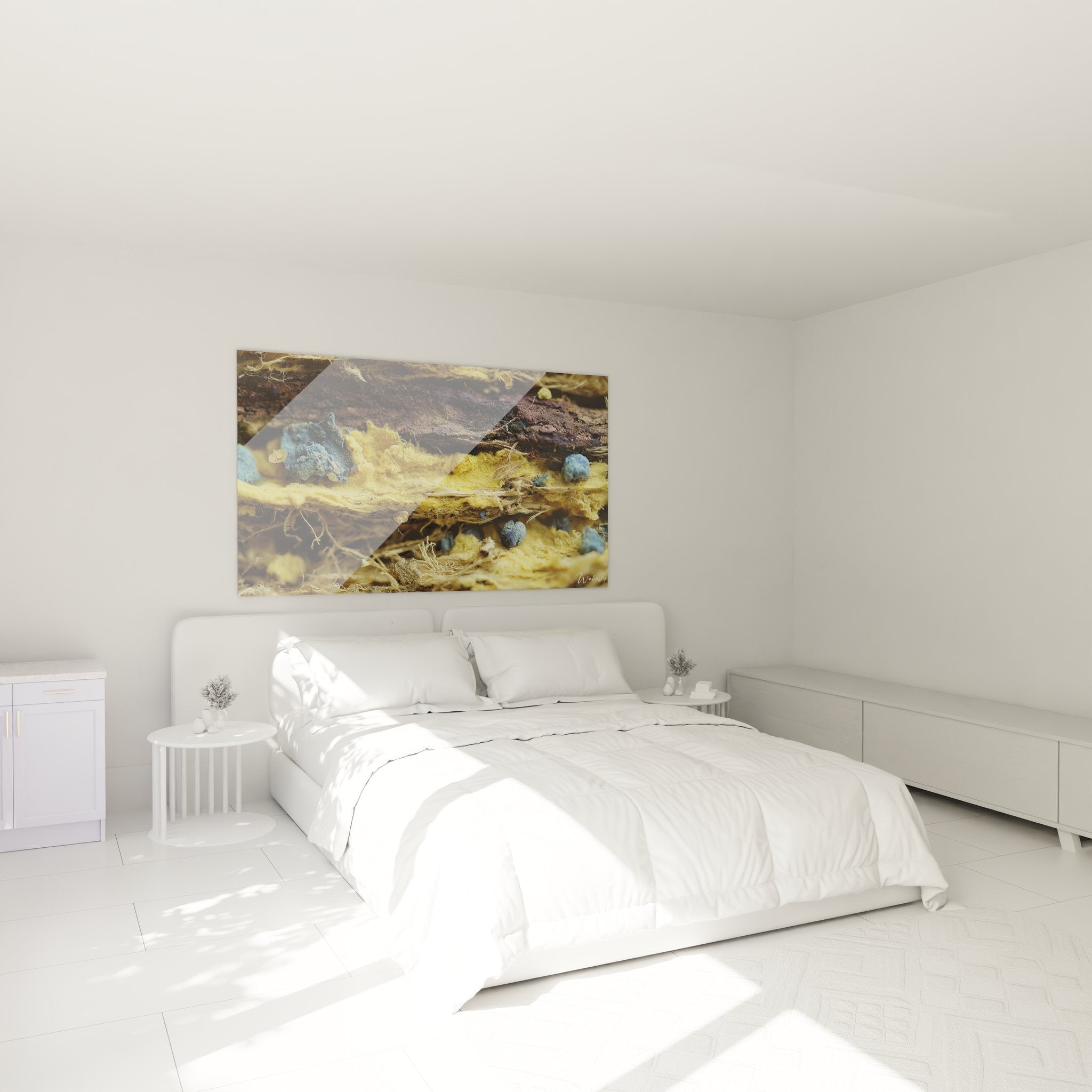 Wandbild abstrakte Mineralien im modernen Schlafzimmer über dem Bett als Dekoration