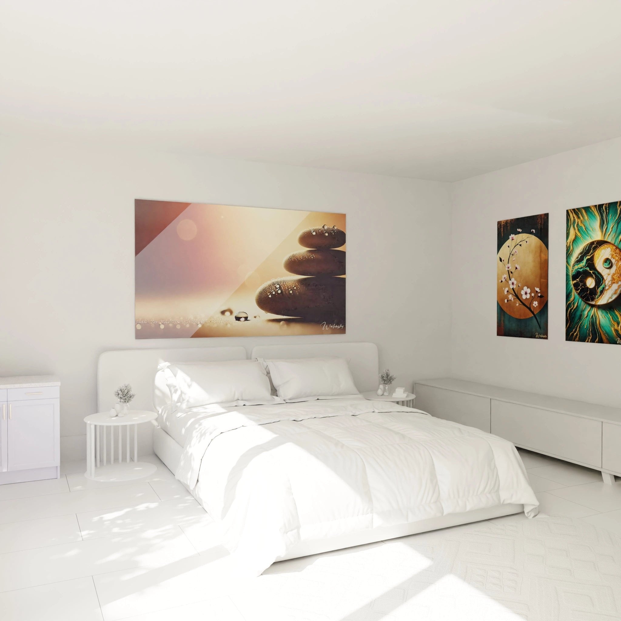 Zen-Steine Wandbild im Schlafzimmer schafft beruhigende Atmosphäre für erholsamen Schlaf