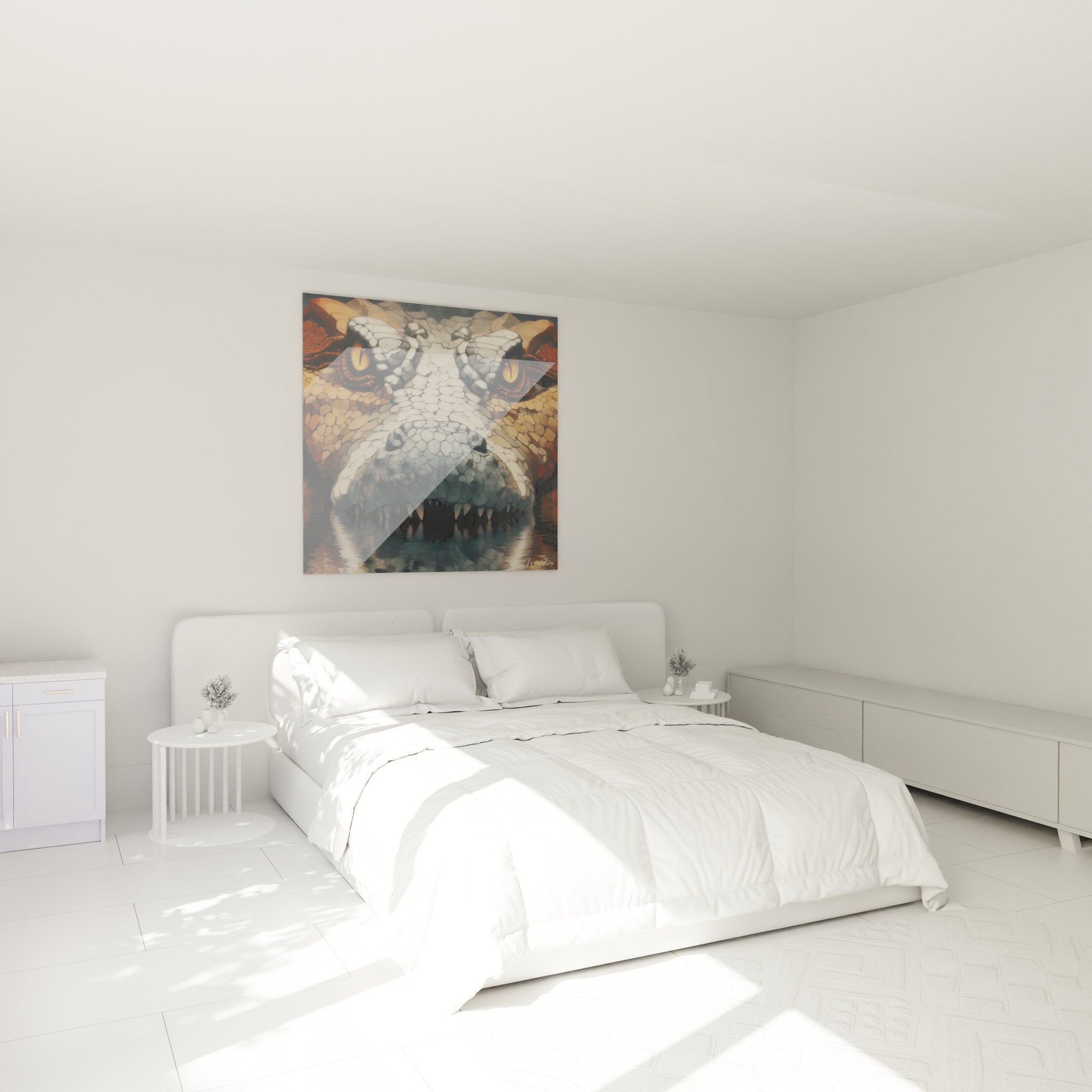 Kaprosuchus Wandbild im Schlafzimmer-Ambiente mit warmem Licht und eleganter Raumdekoration