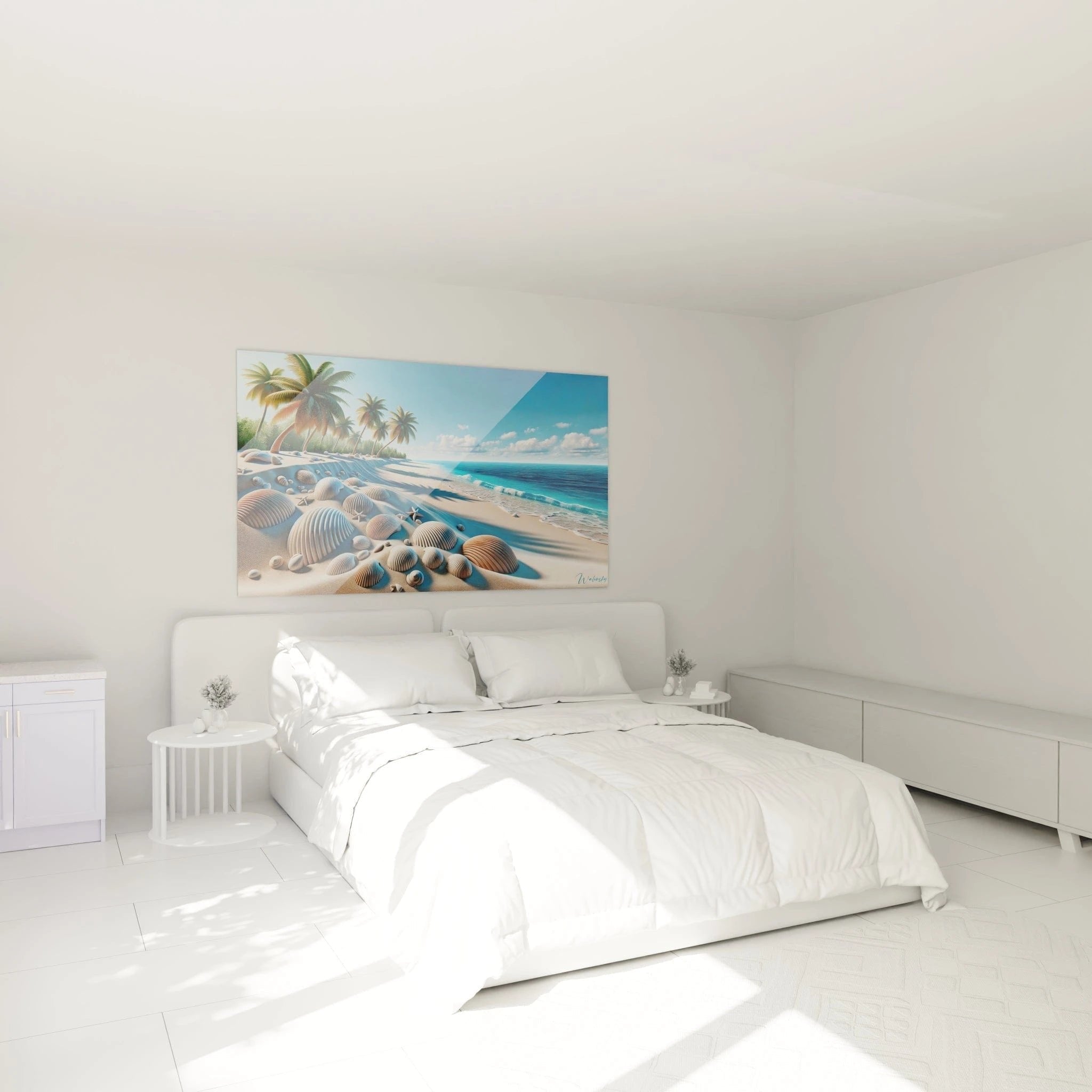 Tropisches Strand-Wandbild mit Muscheln im Schlafzimmer - maritime Wanddekoration für entspannende Atmosphäre