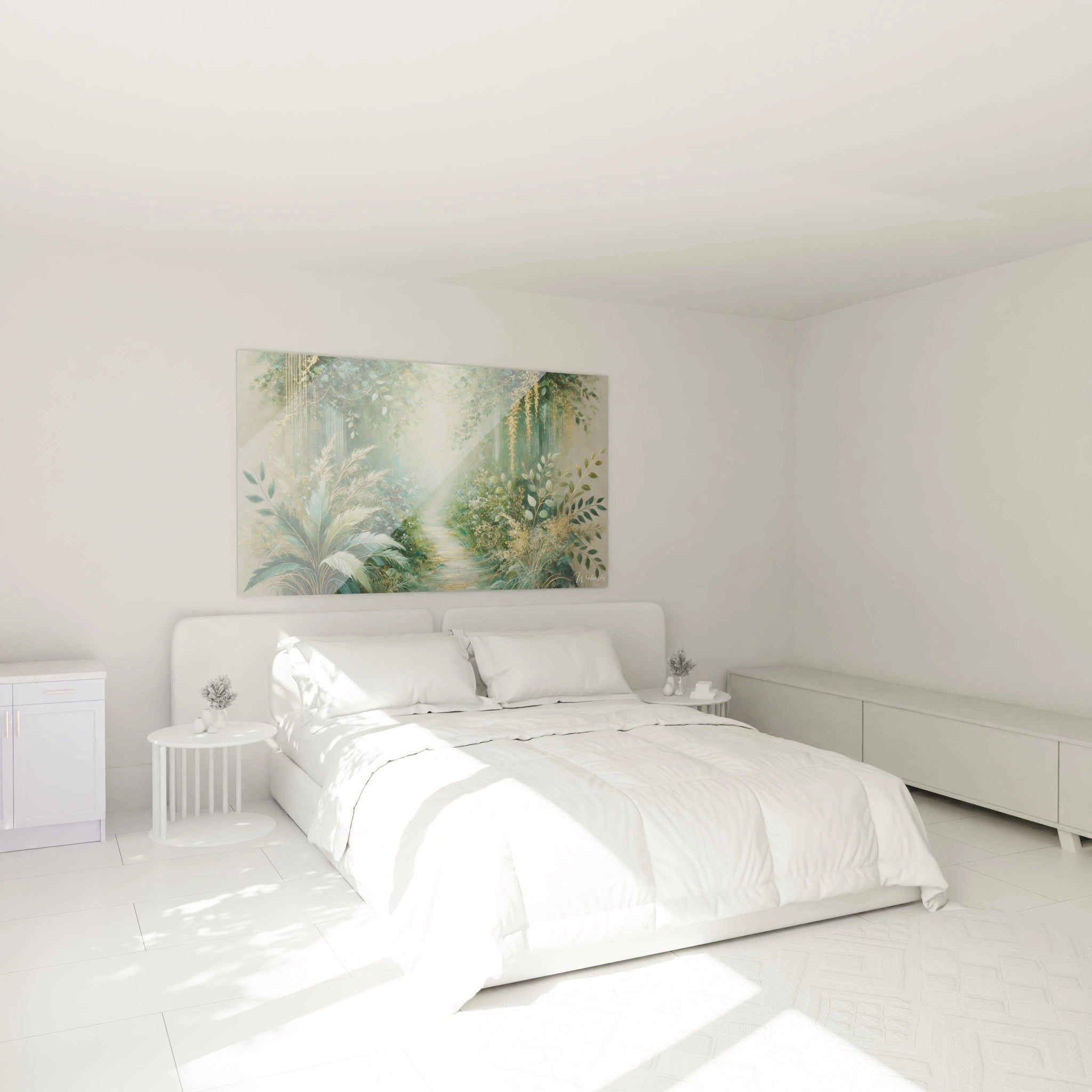 Schlafzimmer Dekoration mit Dschungel Wandbild, tropische Atmosphäre für entspannende Raumgestaltung