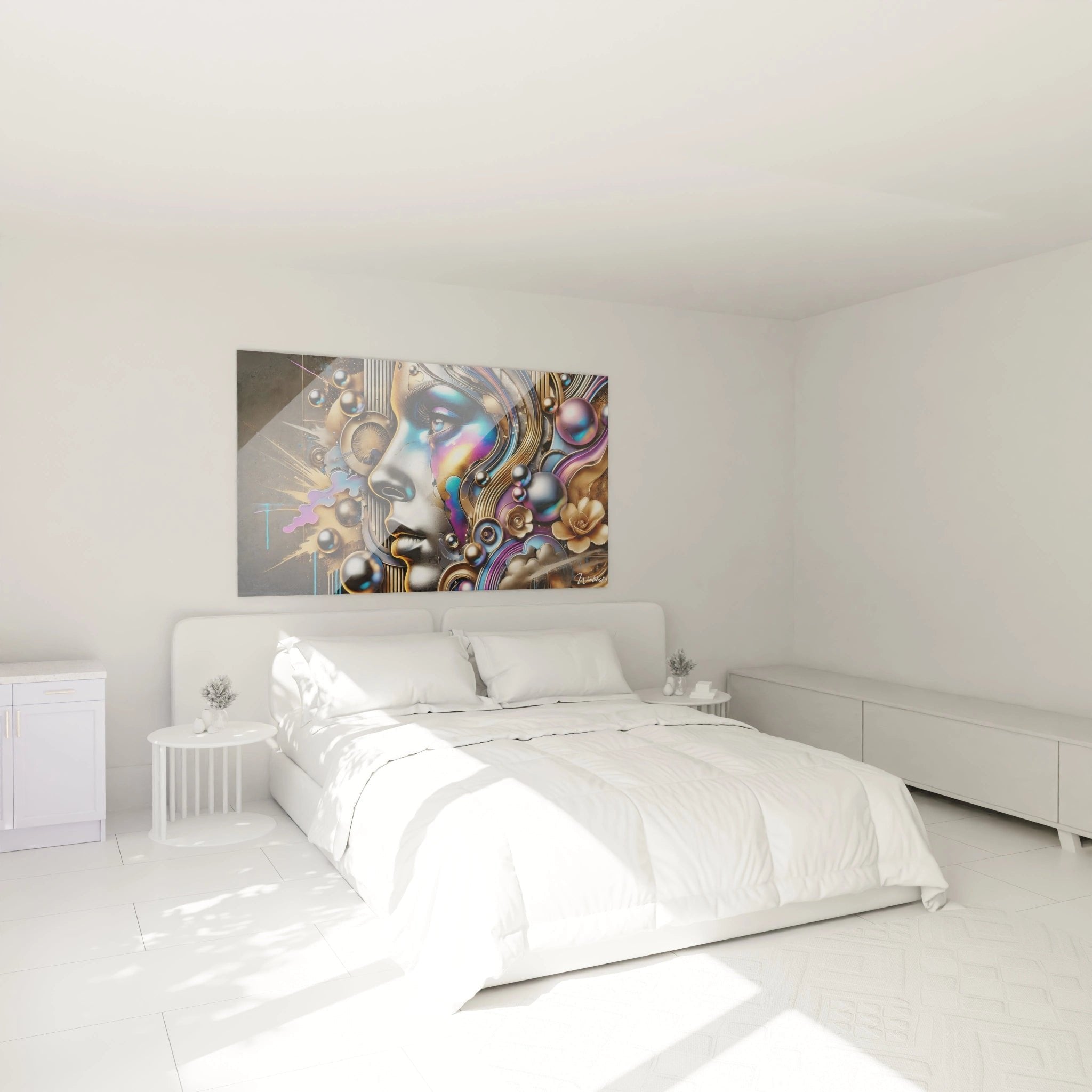 Modernes Wandbild mit futuristischer Frau in elegantem Schlafzimmer-Ambiente mit warmer Beleuchtung