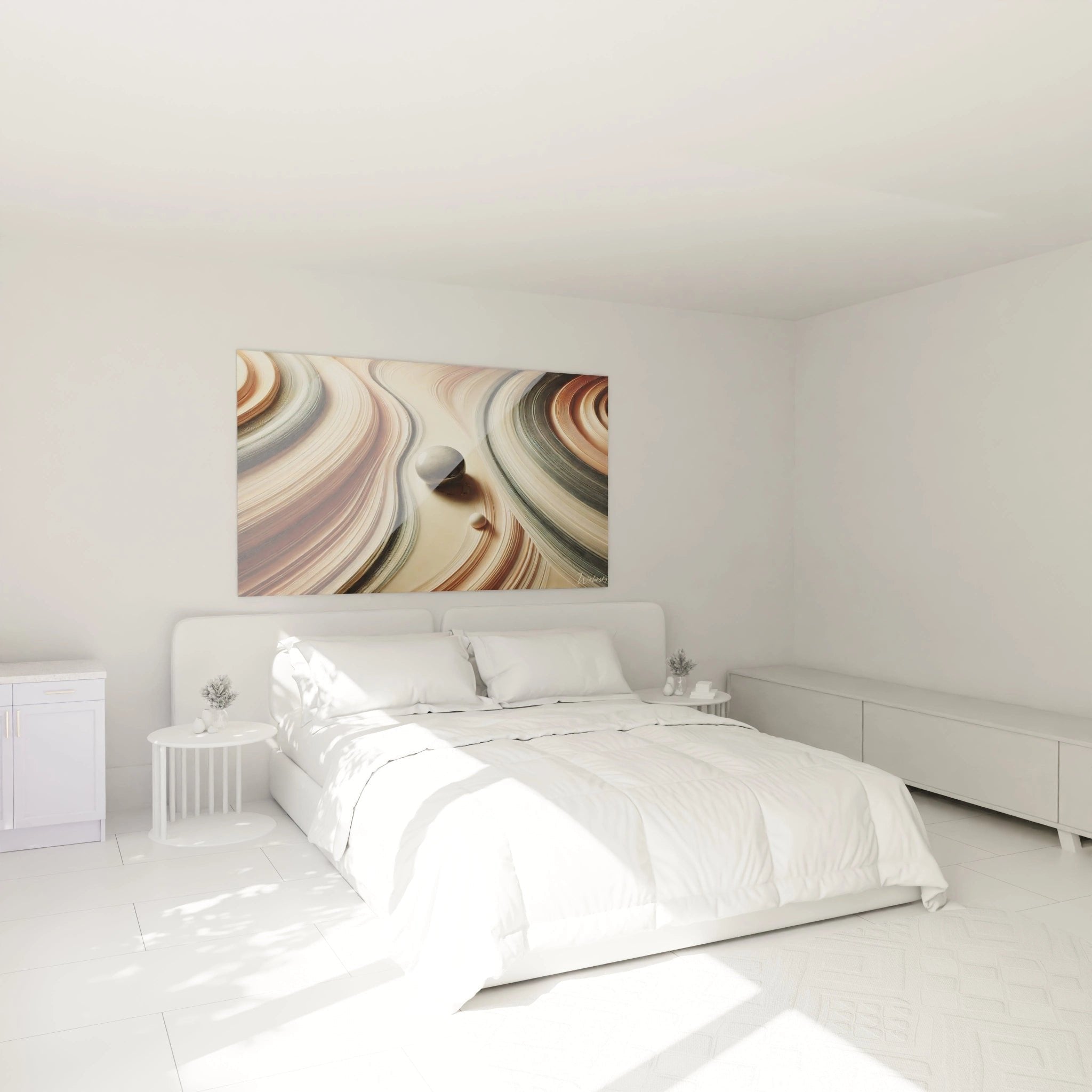 Wandbild mit Zen-Steinen im Schlafzimmer - beruhigende Wanddekoration mit fließenden Sandstrukturen