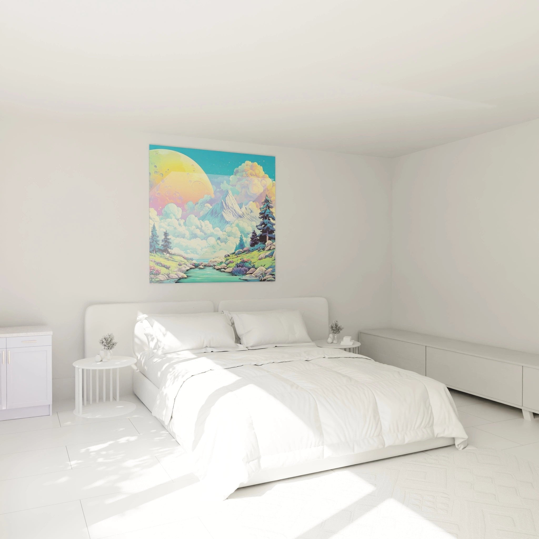 Fantasie Berglandschaft Wandbild im Schlafzimmer mit warmer Beleuchtung