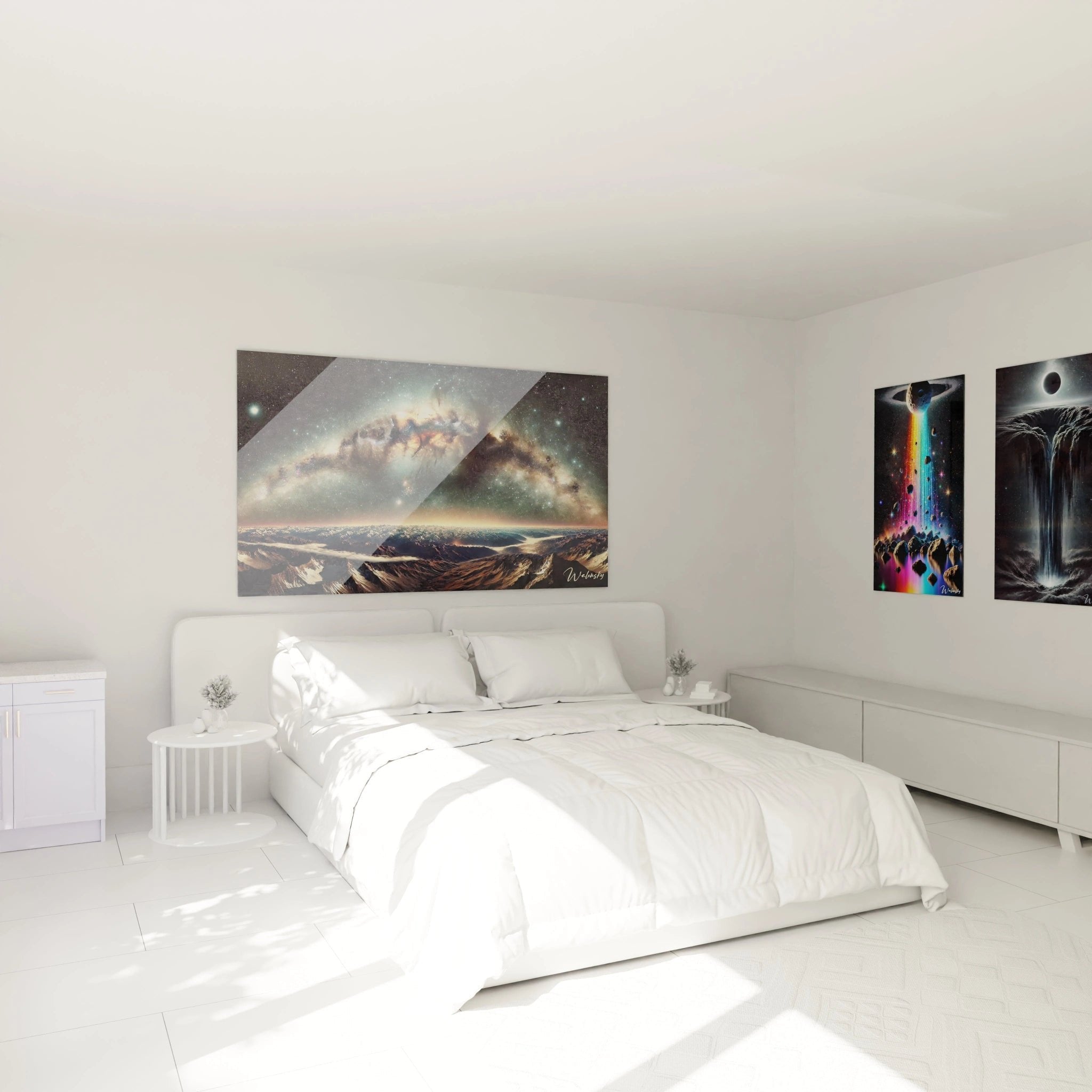 Galaxie Wandbild im Schlafzimmer schafft mystische Atmosphäre über dem Bett mit kosmischer Berglandschaft