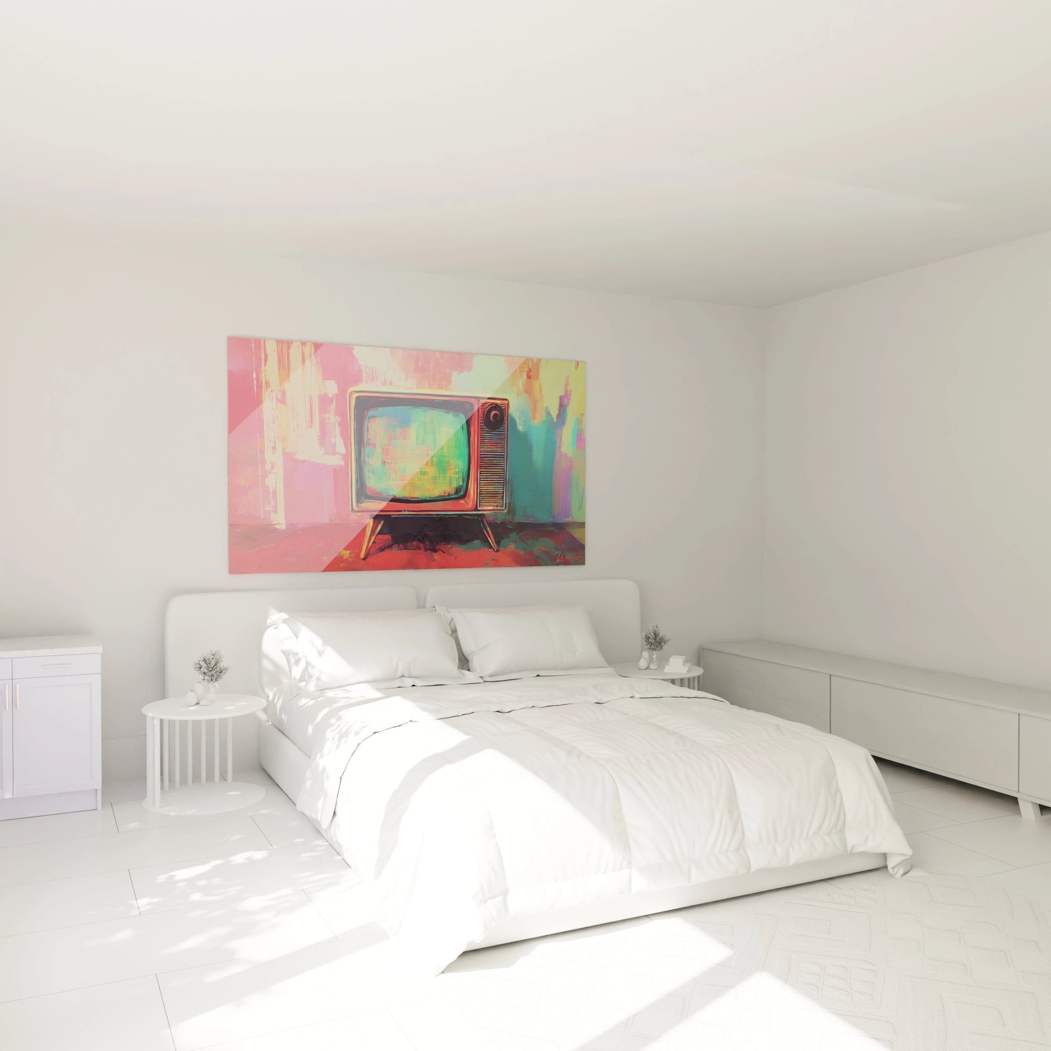 Schlafzimmer Ambiente mit Retro TV Pop Art Wandbild als farbenfroher Blickfang an der Wand