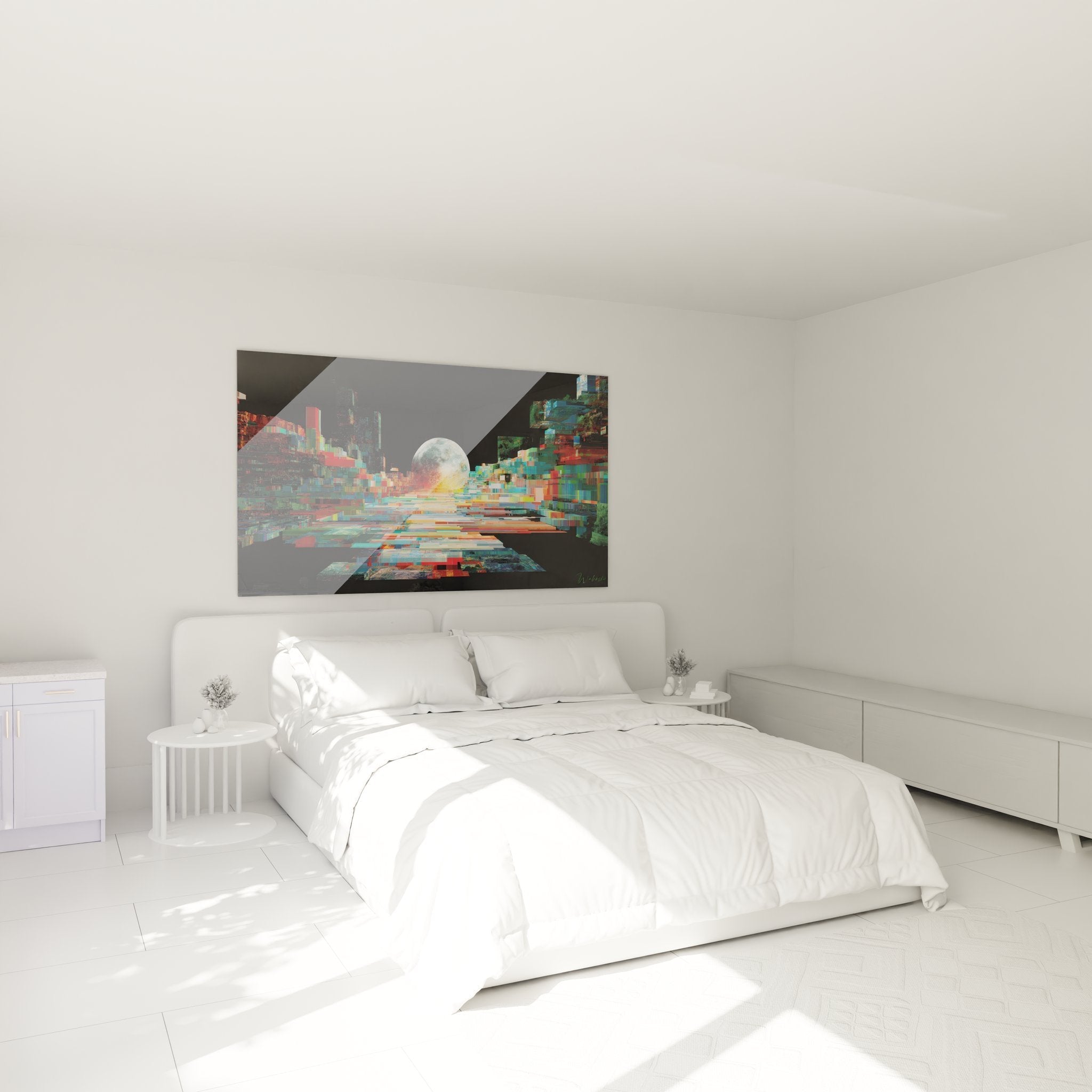 Digitale Mondlandschaft Wandbild im Schlafzimmer mit warmer Atmosphäre und modernem Design