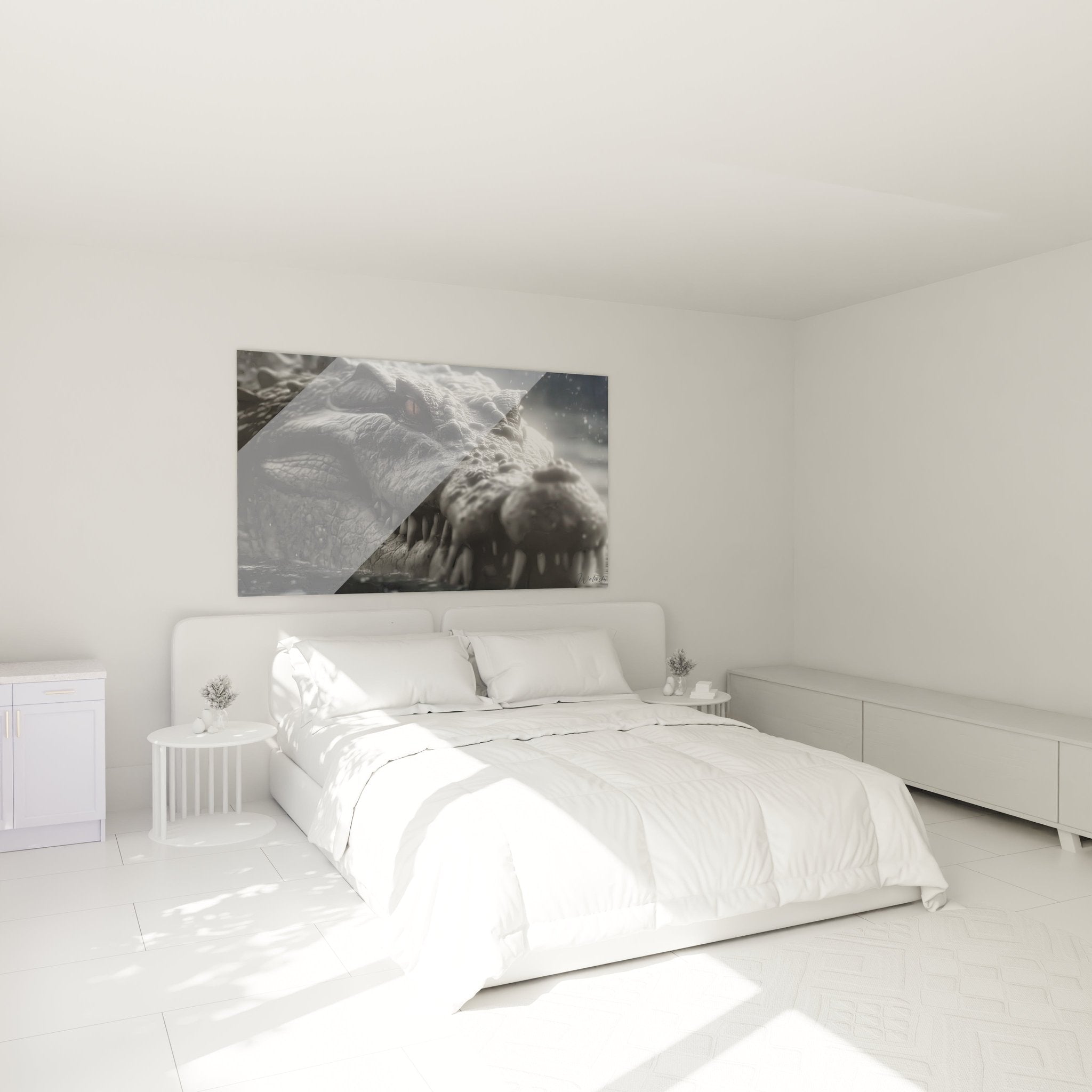 Kaprosuchus Wandbild im modernen Schlafzimmer, prähistorisches Krokodil als stilvolle Wanddekoration