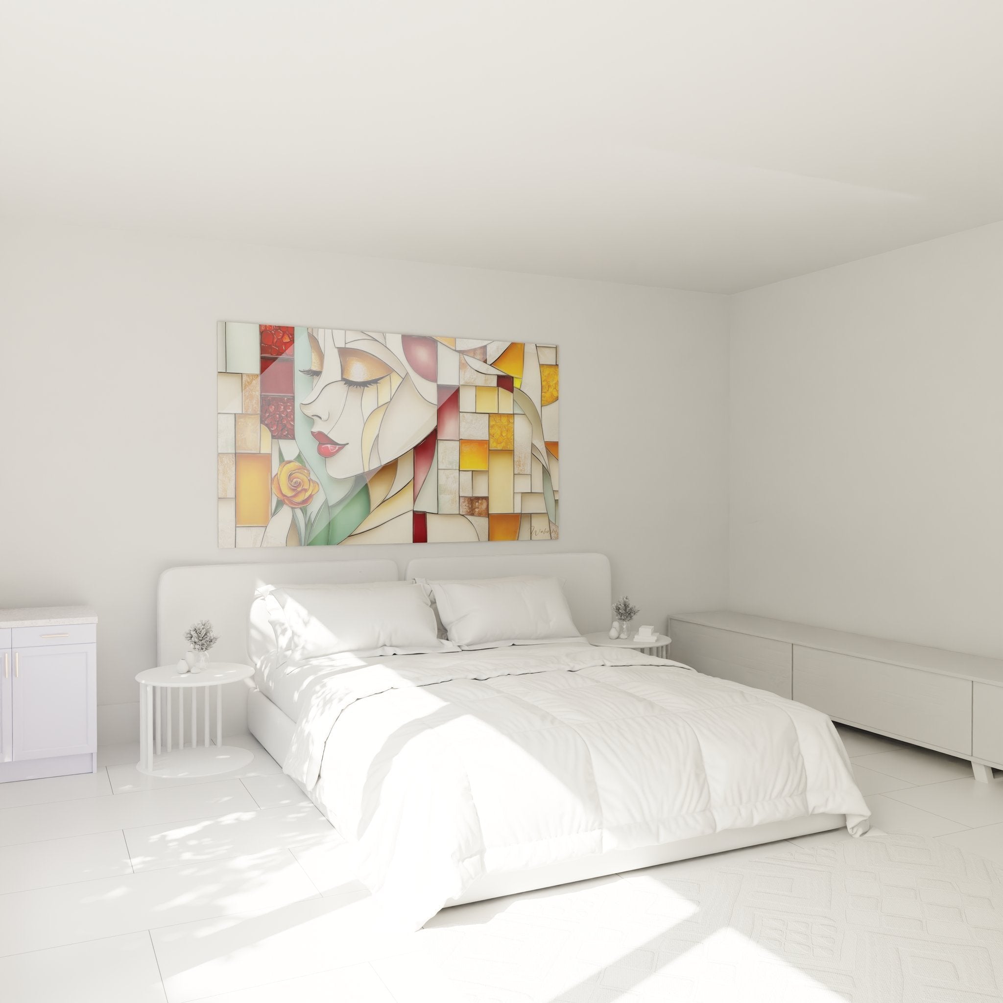 Elegantes Wandbild im Schlafzimmer zeigt Frau mit Rose in Glasmalerei-Optik