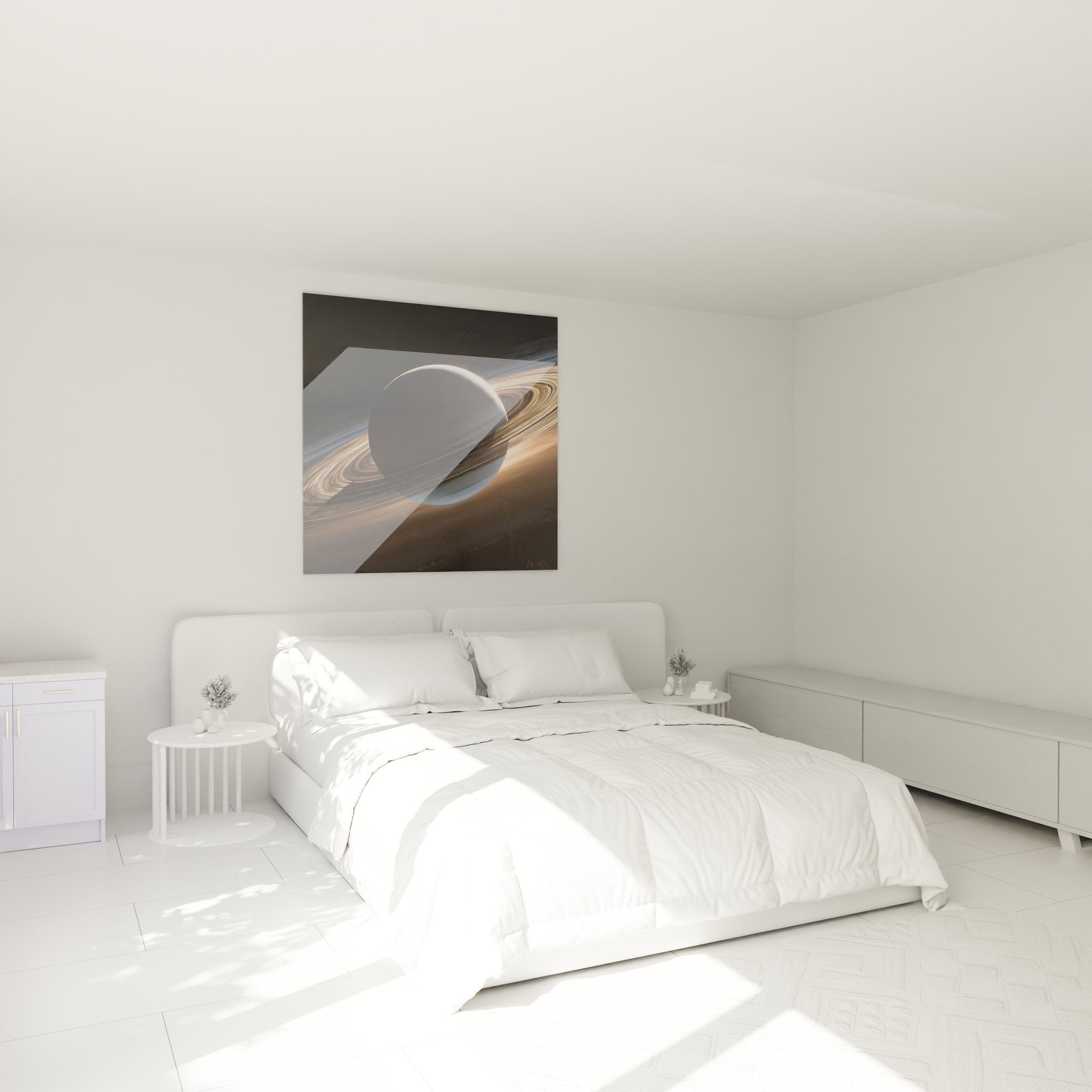 Saturn Wandbild in elegantem Schlafzimmer als stilvolle Weltraum Wanddekoration