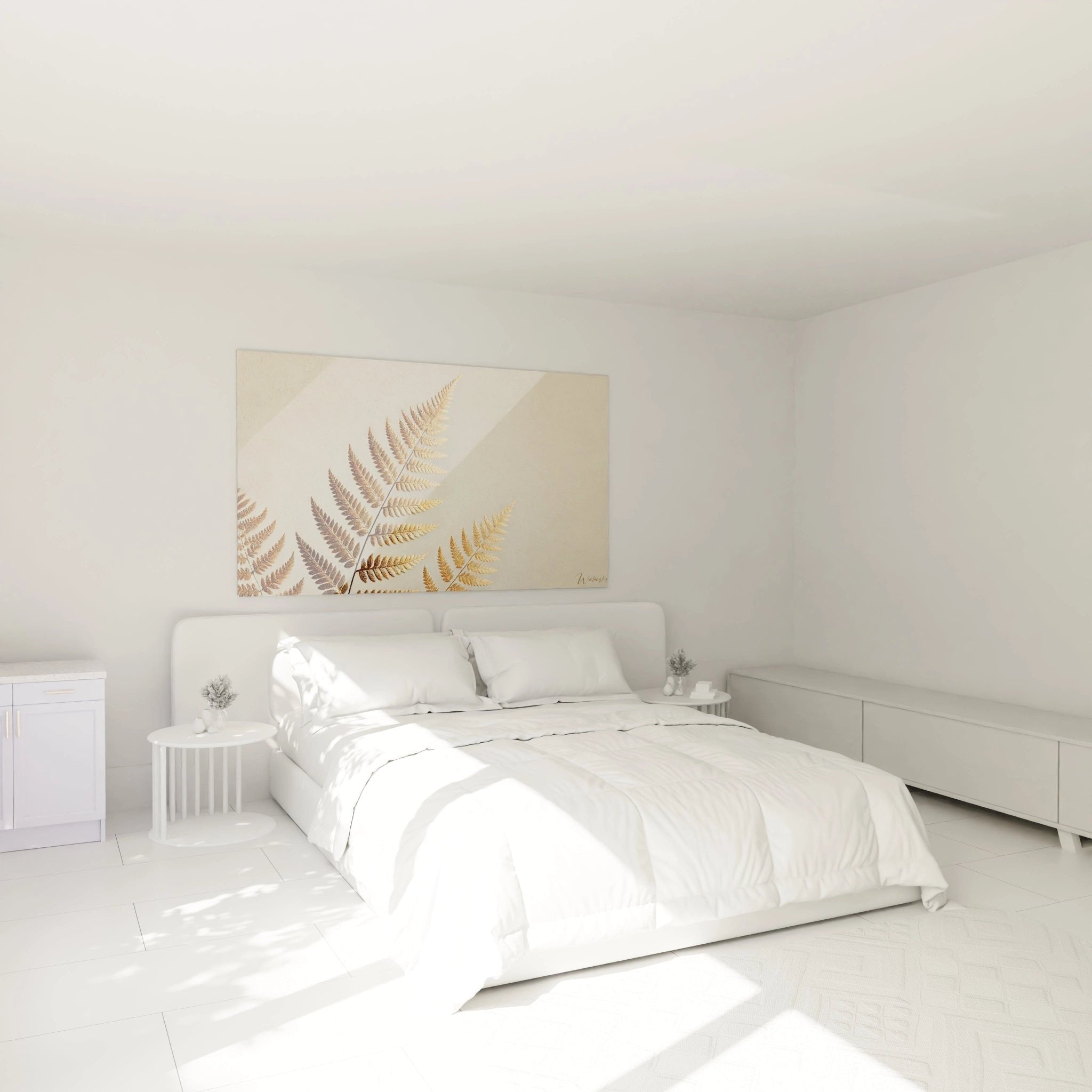 Goldene Farnblätter Wandbild im Schlafzimmer, natürliche Dekoration für entspannende Atmosphäre