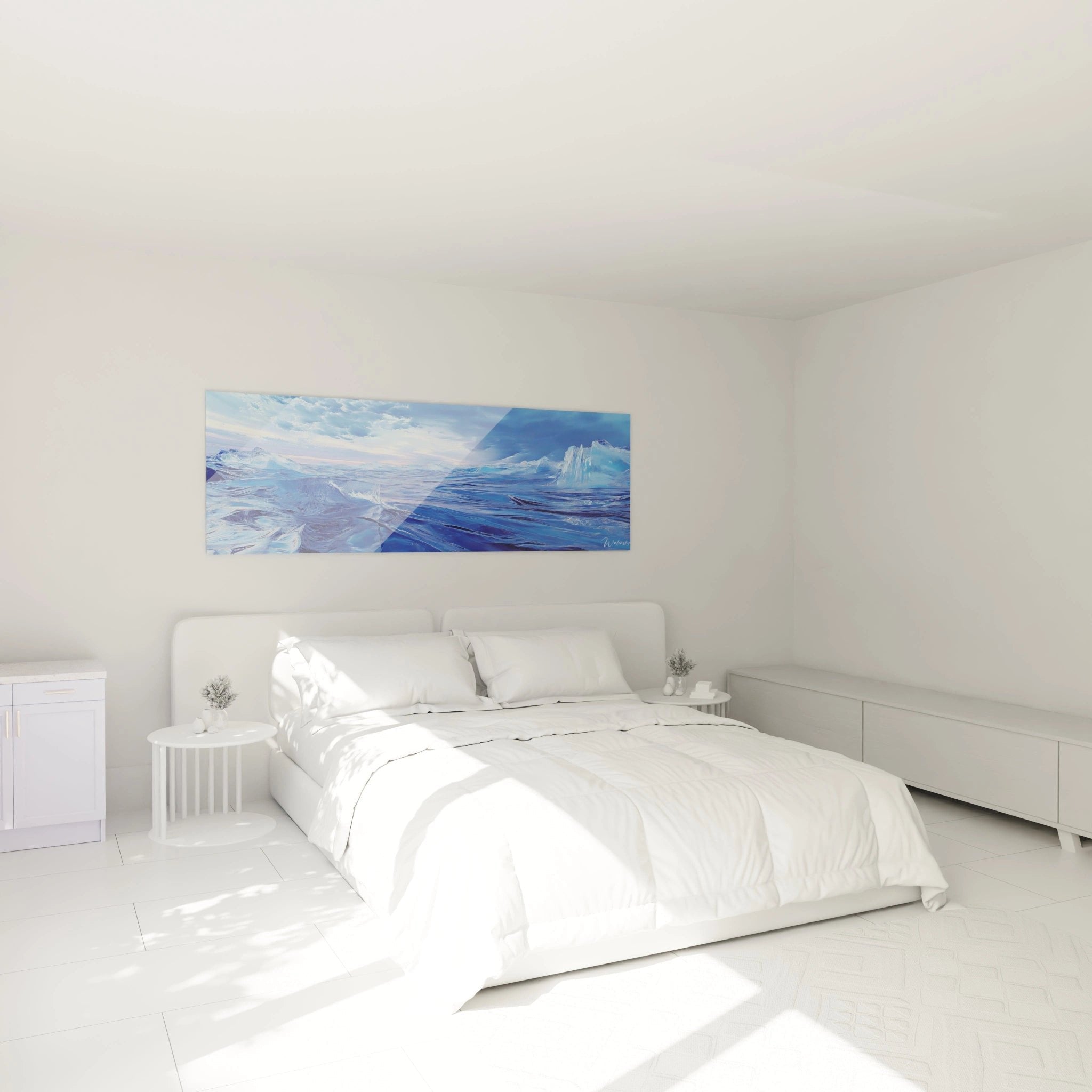 Arktisches Meereslandschaft Wandbild im Schlafzimmer mit blauen Eisbergen als beruhigende Wanddekoration