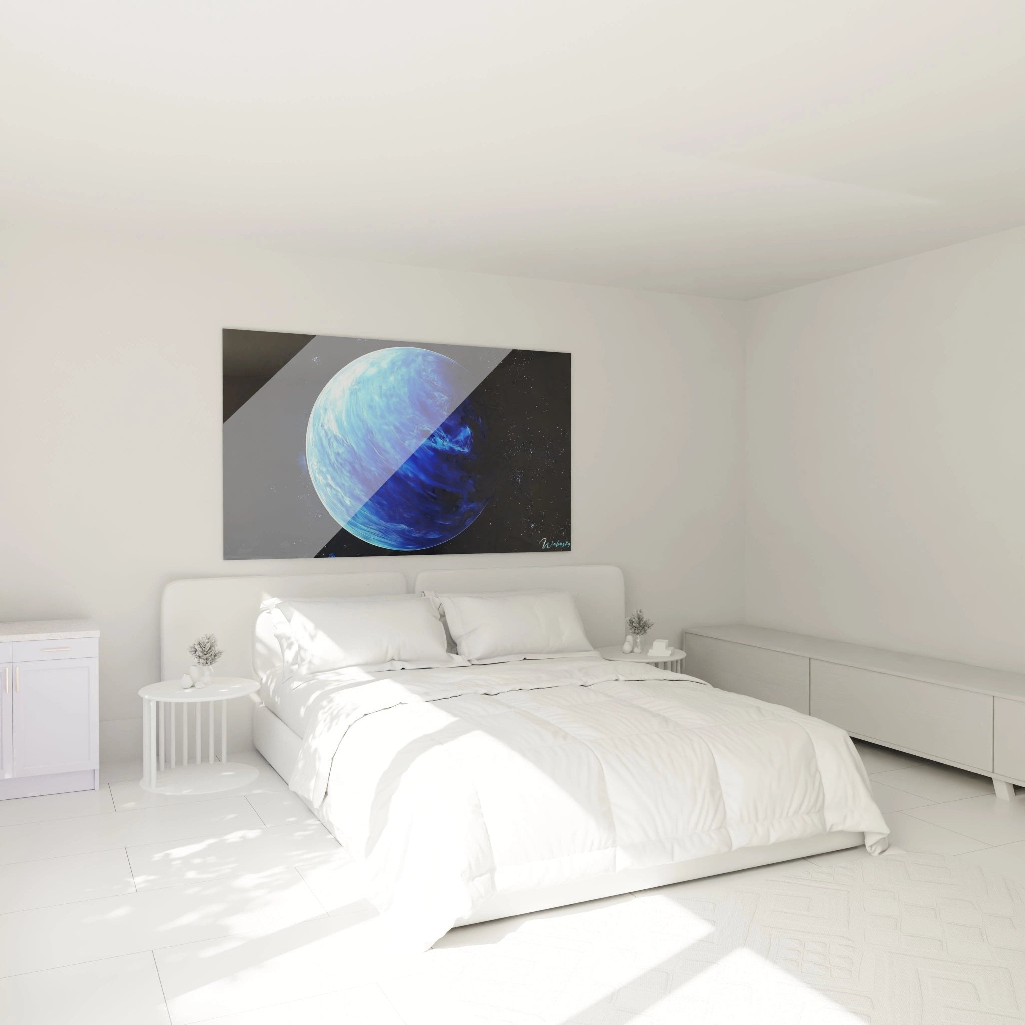 Wandbild blauer Planet im Schlafzimmer, entspannende Weltraum-Dekoration für ruhige Atmosphäre