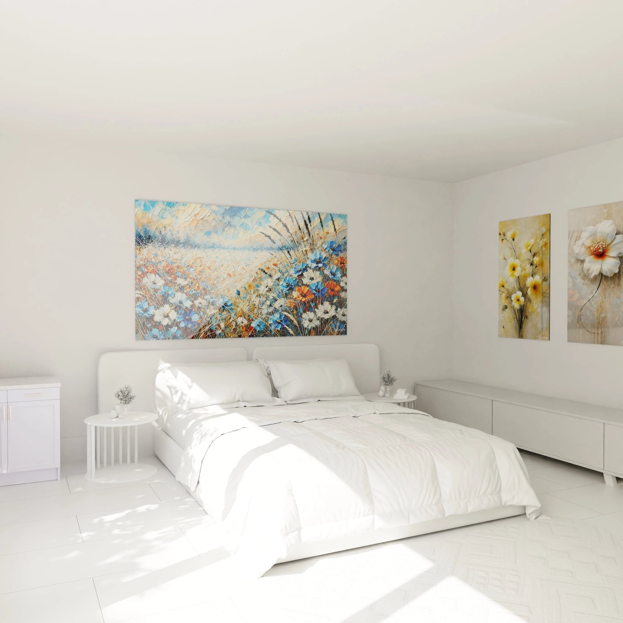 Kornblumen Wandbild im Schlafzimmer über dem Bett für natürliche Raumatmosphäre