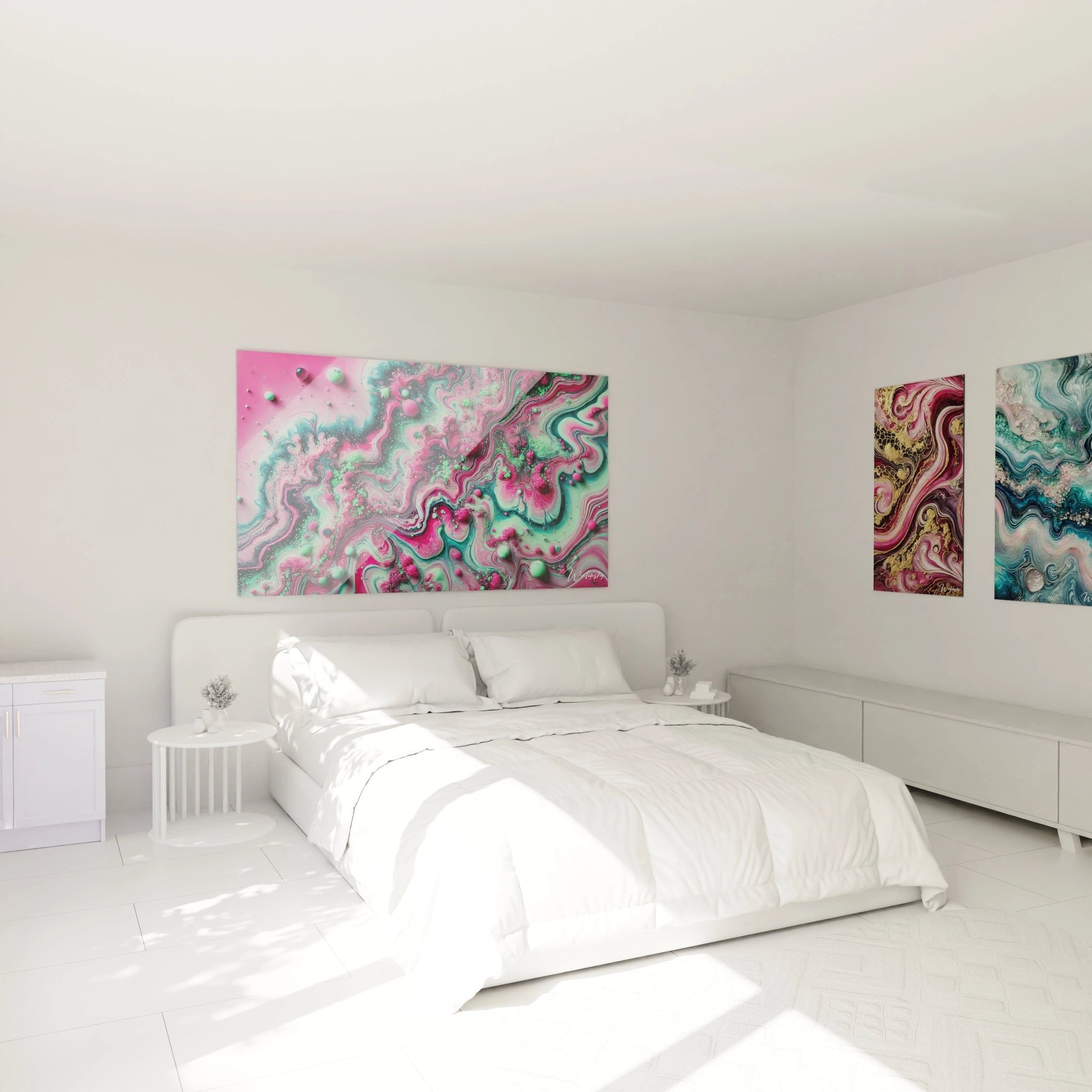 Abstraktes Wandbild Rosa Türkis im Schlafzimmer-Ambiente mit Epoxidharz-Optik für elegante Raumgestaltung