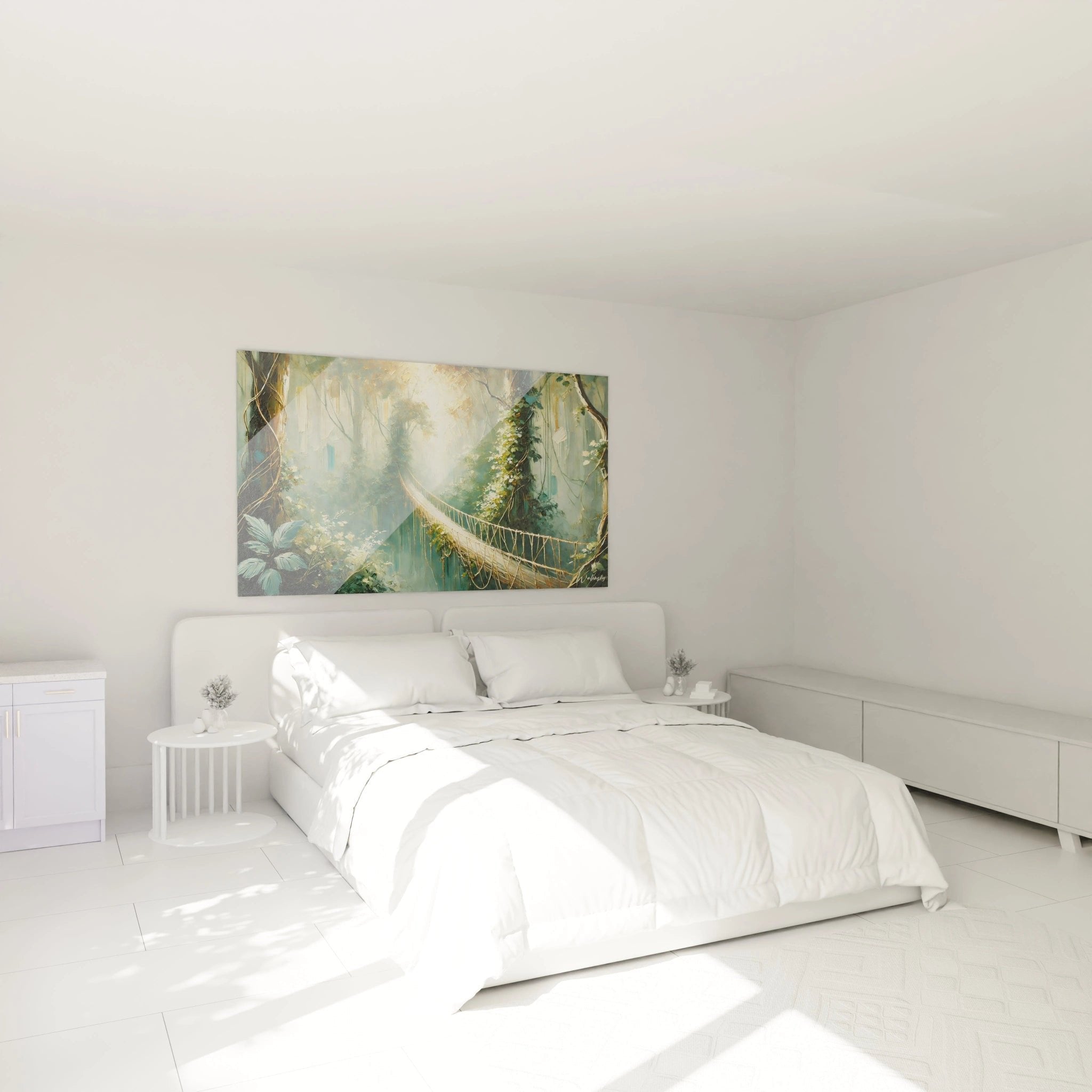 Wandbild Dschungel Hängebrücke im Schlafzimmer für beruhigende Naturatmosphäre