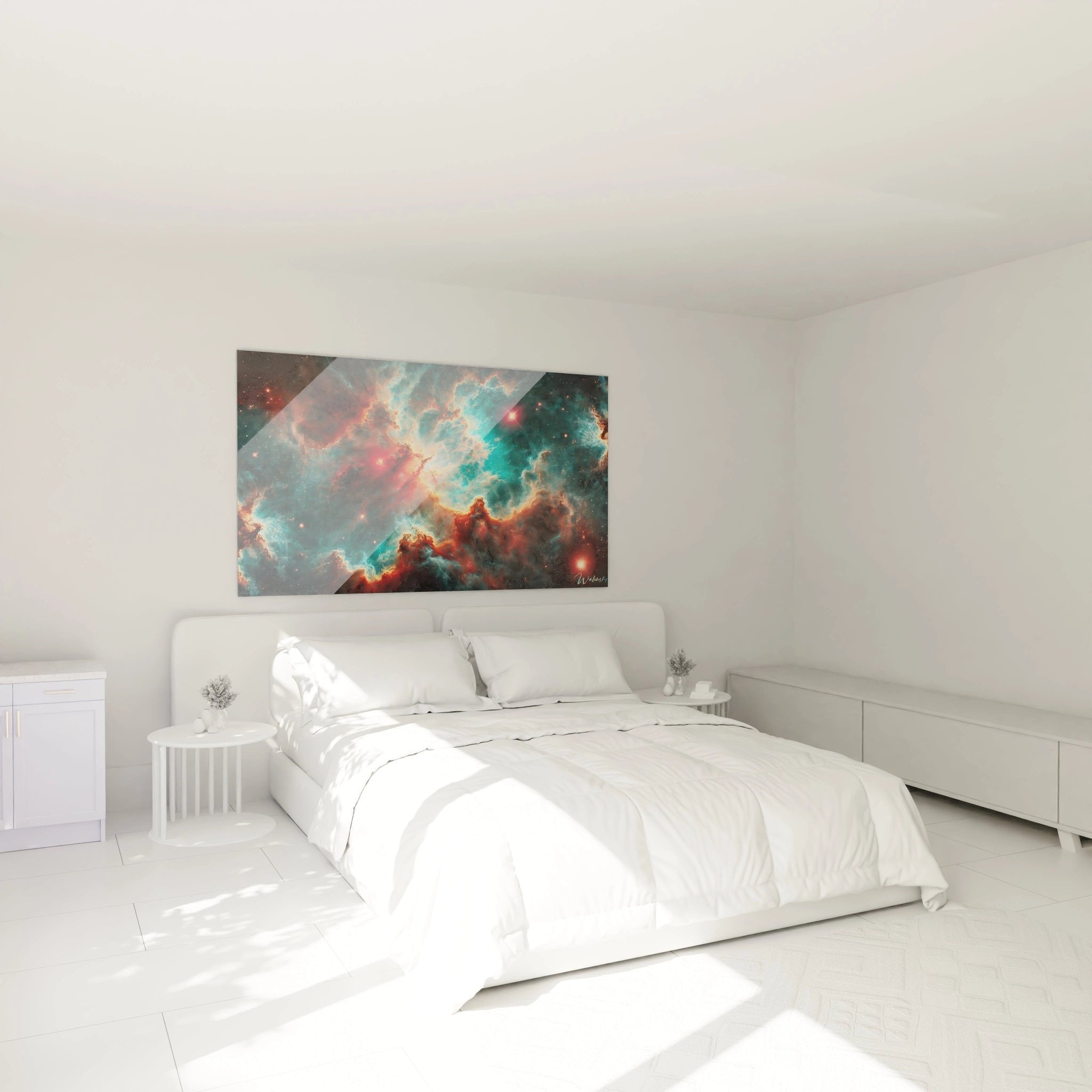 Kosmisches Nebel Wandbild im Schlafzimmer - atmosphärische Weltraum Dekoration in türkis und rot
