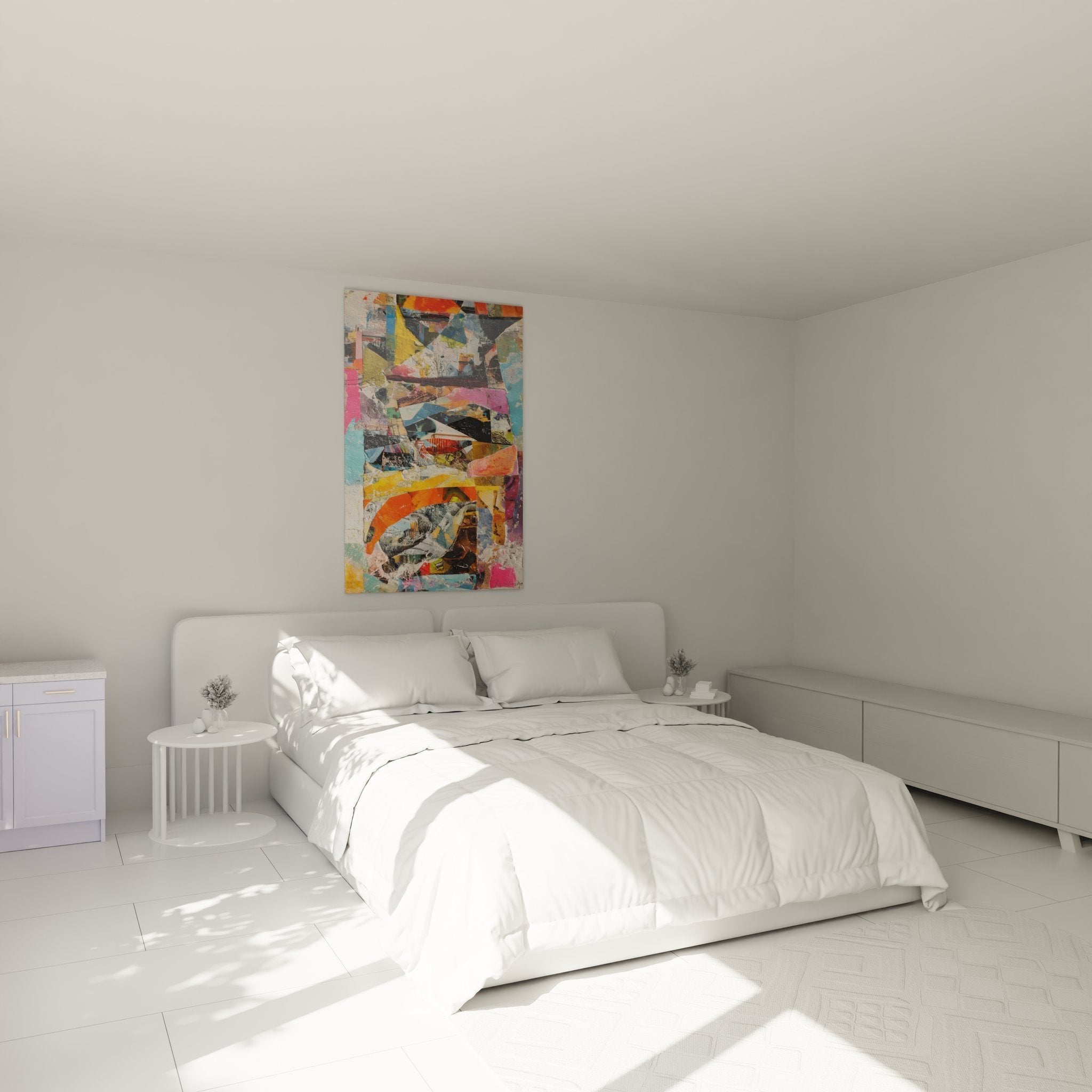 Modernes Schlafzimmer mit abstraktem Collage-Wandbild in leuchtenden Farben über dem Bett