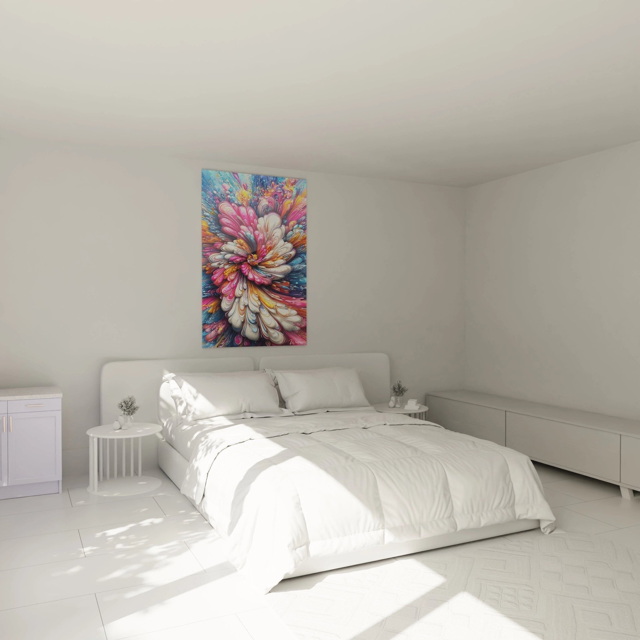 Abstrakte Blüten-Wandkunst im Schlafzimmer-Ambiente mit leuchtenden Farben und modernem Design