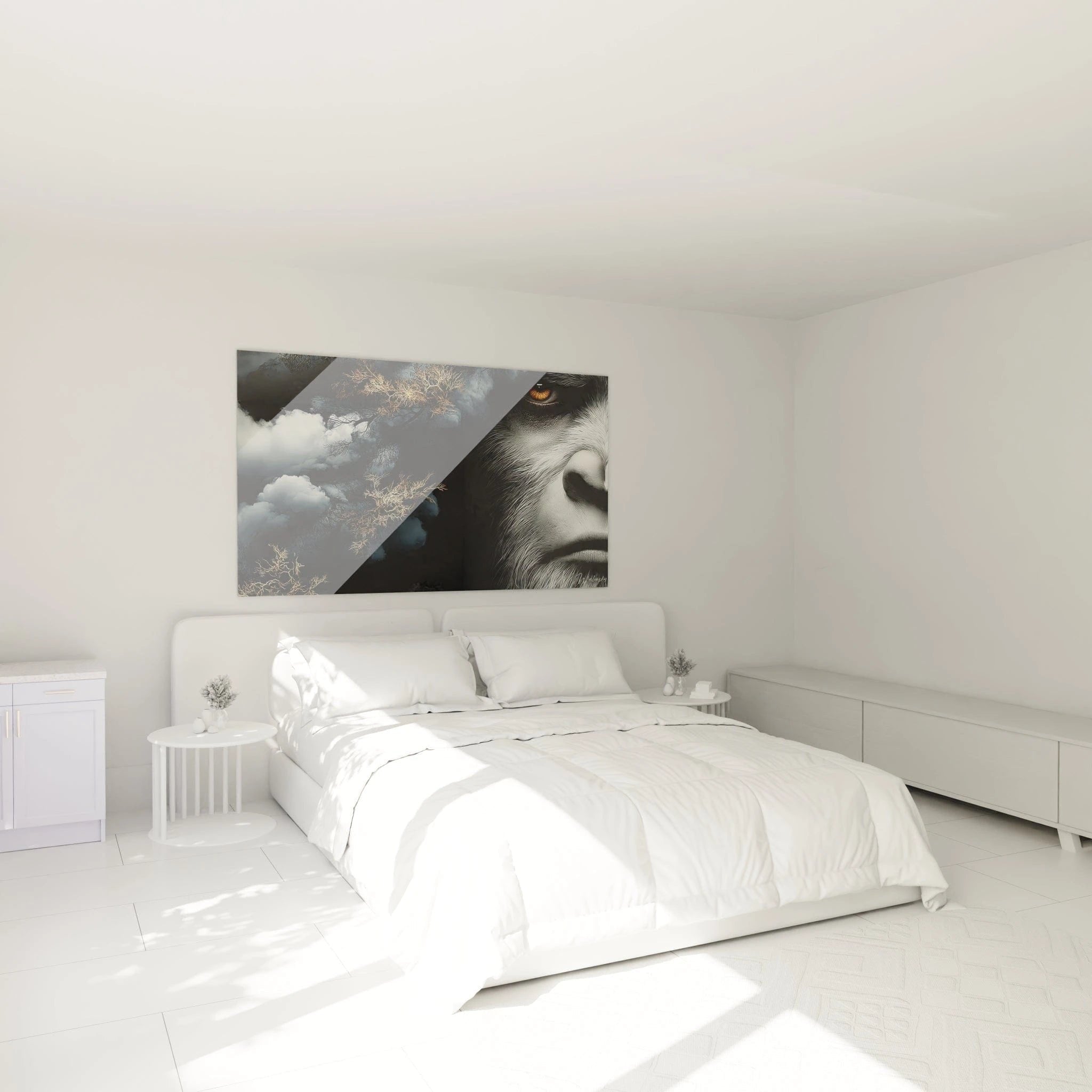 Yeti Portrait Wandbild in modernem Schlafzimmer mit mystischer Atmosphäre und eleganter Wanddekoration