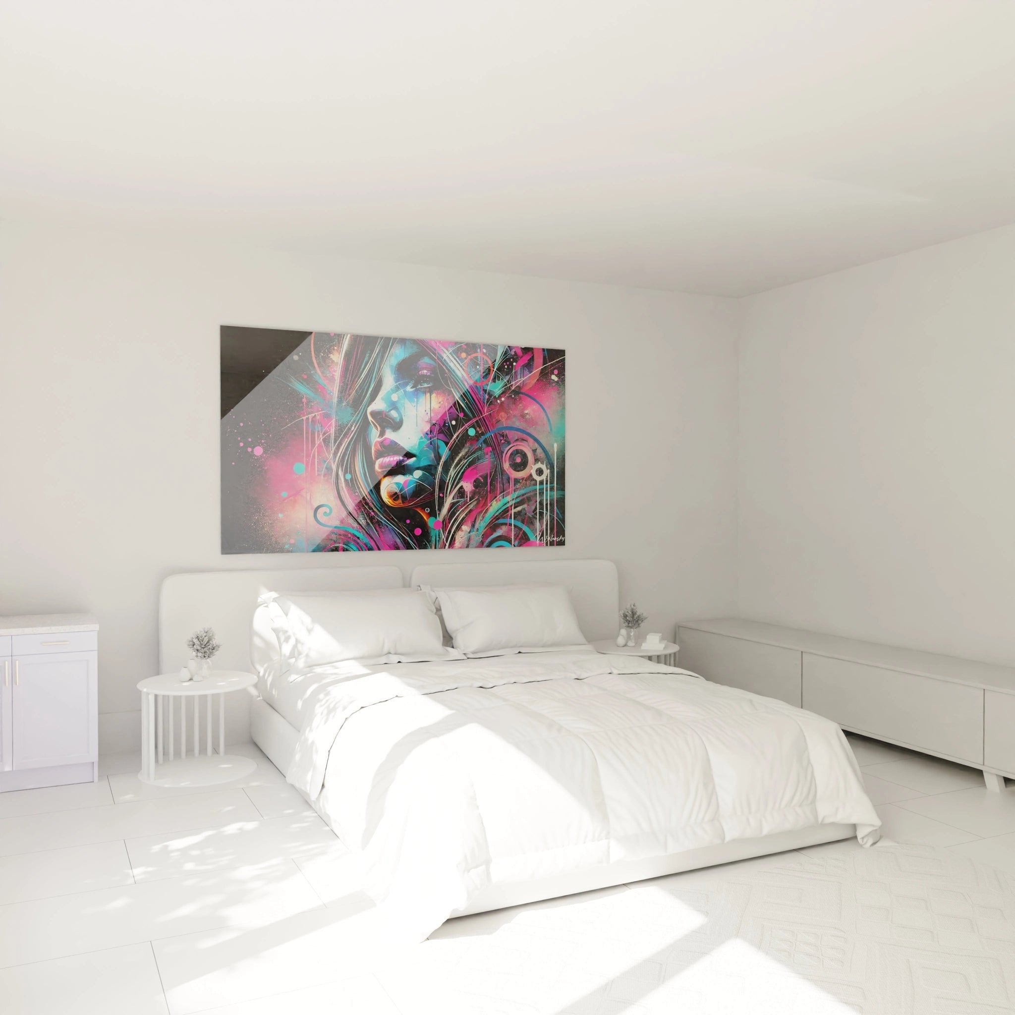Modernes Schlafzimmer mit buntem Street Art Wandbild Frauenportrait als stilvolle Wanddekoration