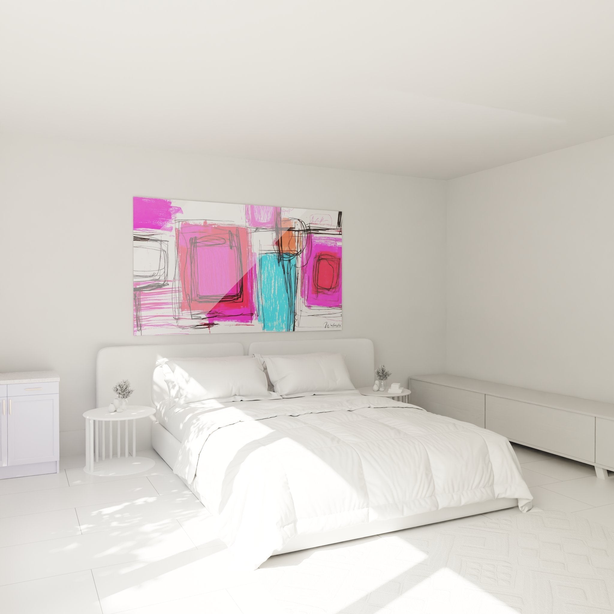Modernes Schlafzimmer mit abstraktem Wandbild in Pink und Blau über dem Bett - zeitgenössische Wanddeko