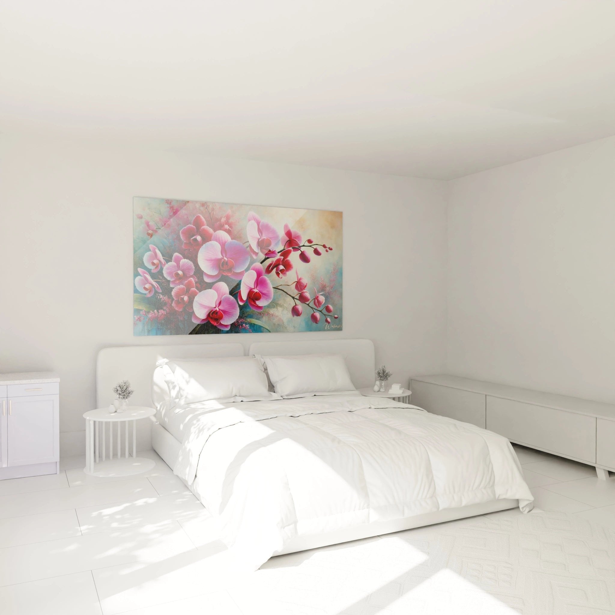 Orchideen-Wandbild in rosa und violett als stilvolle Schlafzimmer-Dekoration fuer entspannte Atmosphaere