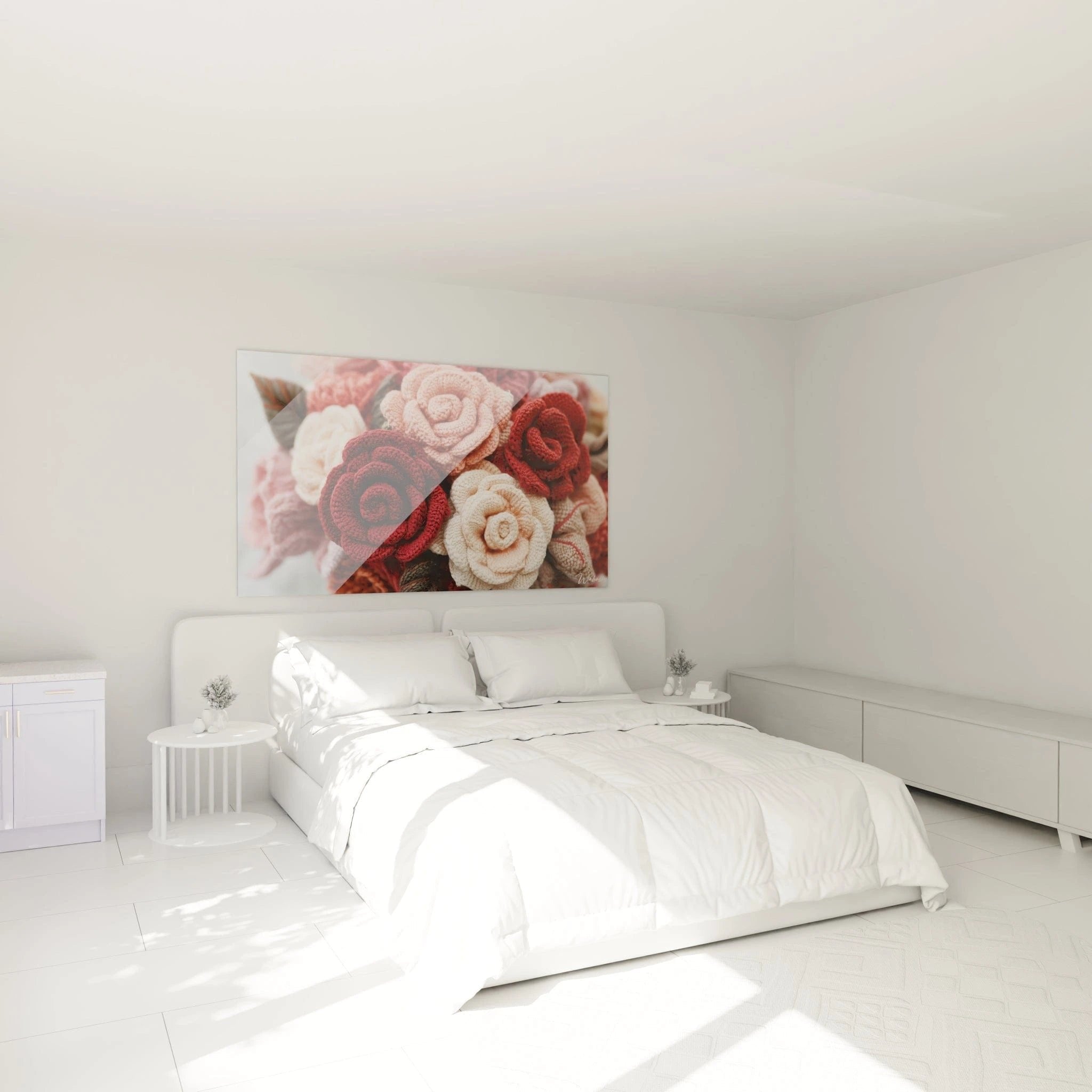 Gehäkelte Rosen Wandbild im Schlafzimmer, romantische Wanddekoration in Häkeloptik