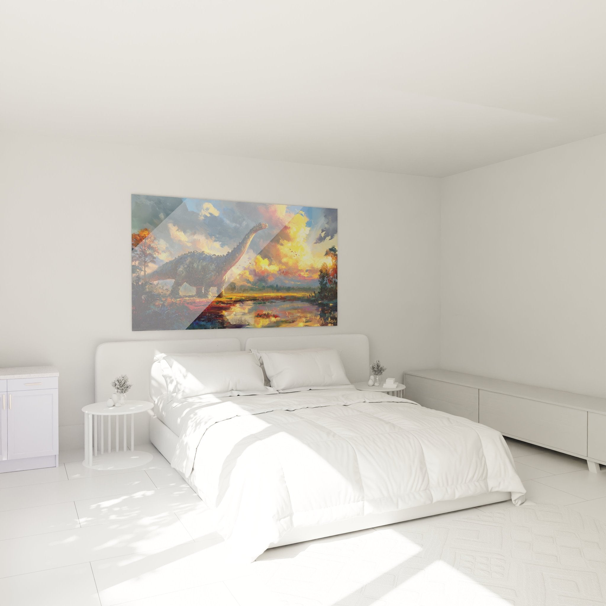Dinosaurier Wandbild Brontosaurus Sonnenuntergang als stilvolle Dekoration im modernen Schlafzimmer