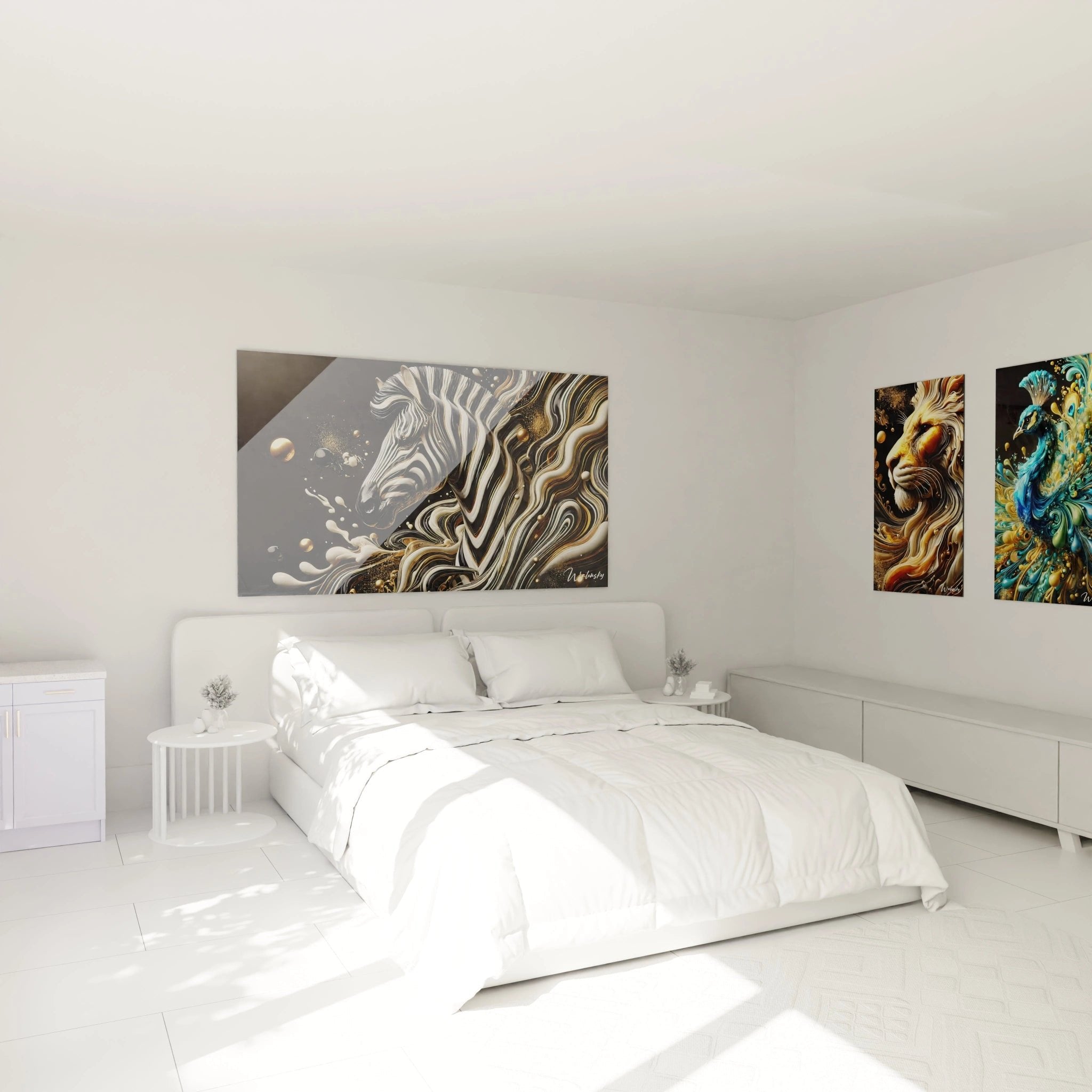 Zebra Wandbild mit goldenen Wellen als stilvolle Dekoration im modernen Schlafzimmer