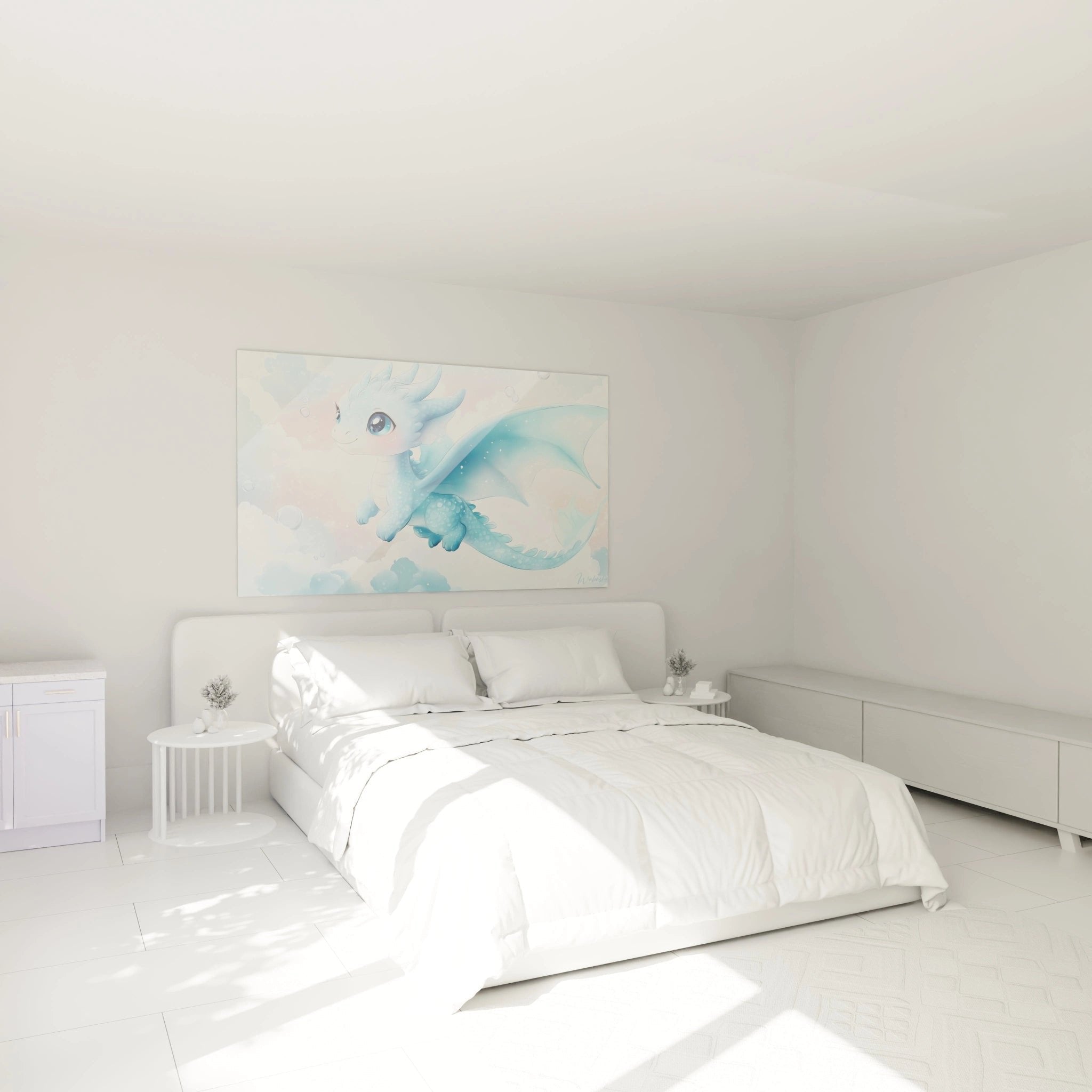 Baby Wasserdrachen Wandbild in modernem Schlafzimmer mit sanften Blautönen als beruhigende Wanddekoration
