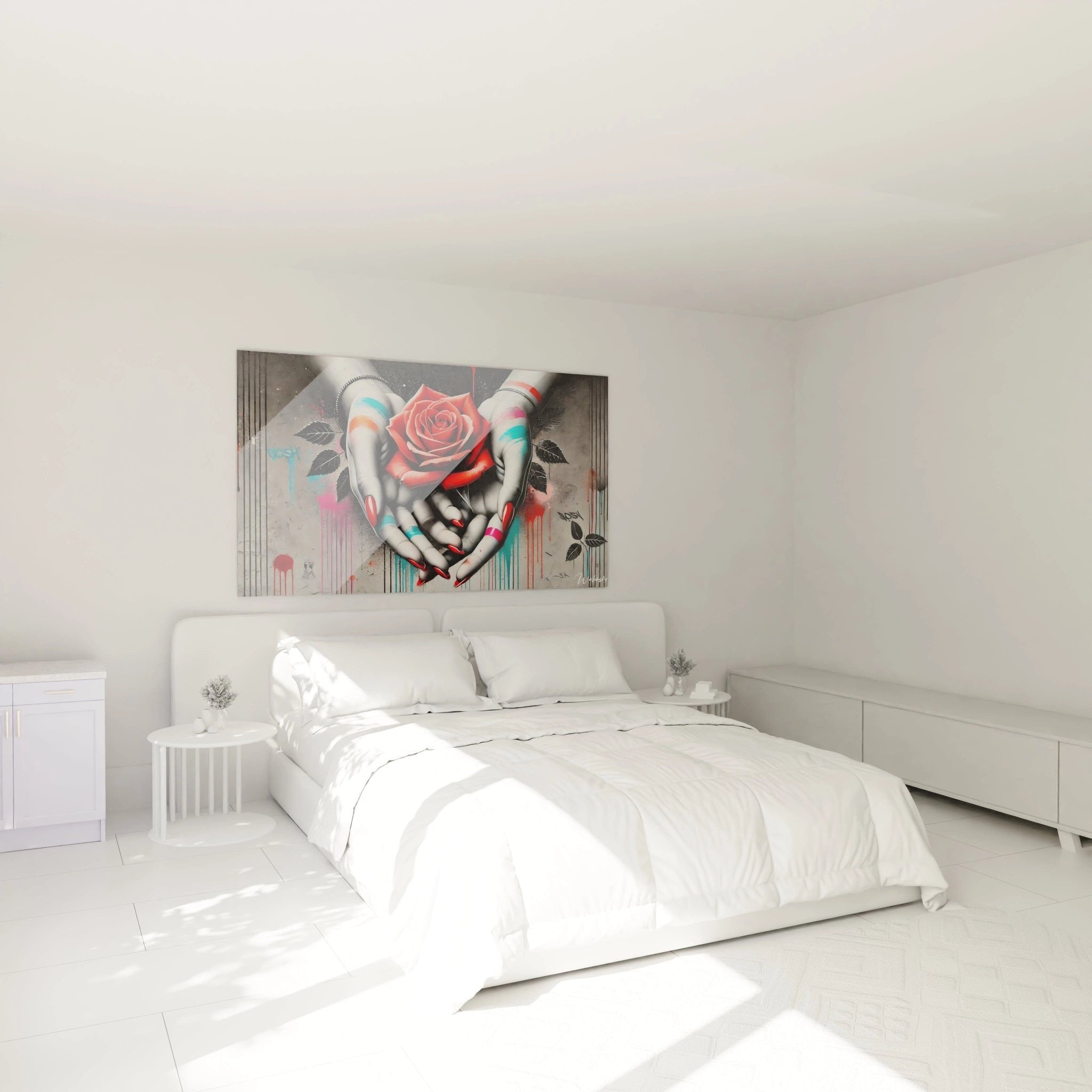 Street Art Wandbild Hände mit Rose als stilvolle Wanddekoration im modernen Schlafzimmer-Ambiente