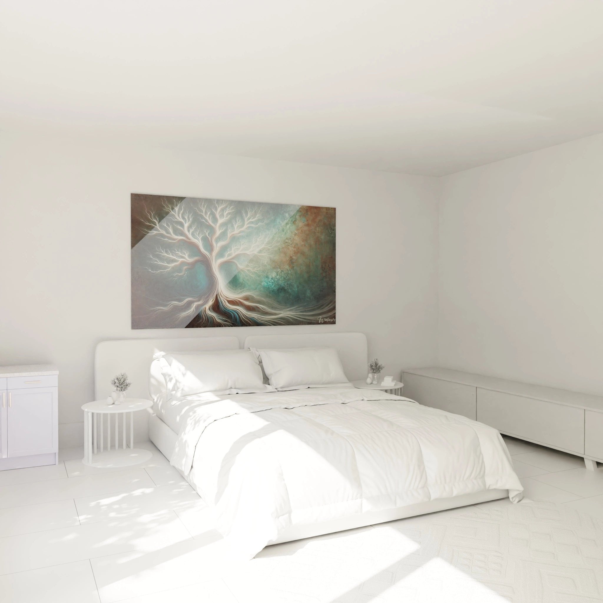 Wandbild mystischer Lebensbaum im modernen Schlafzimmer, spirituelle Wanddekoration über dem Bett