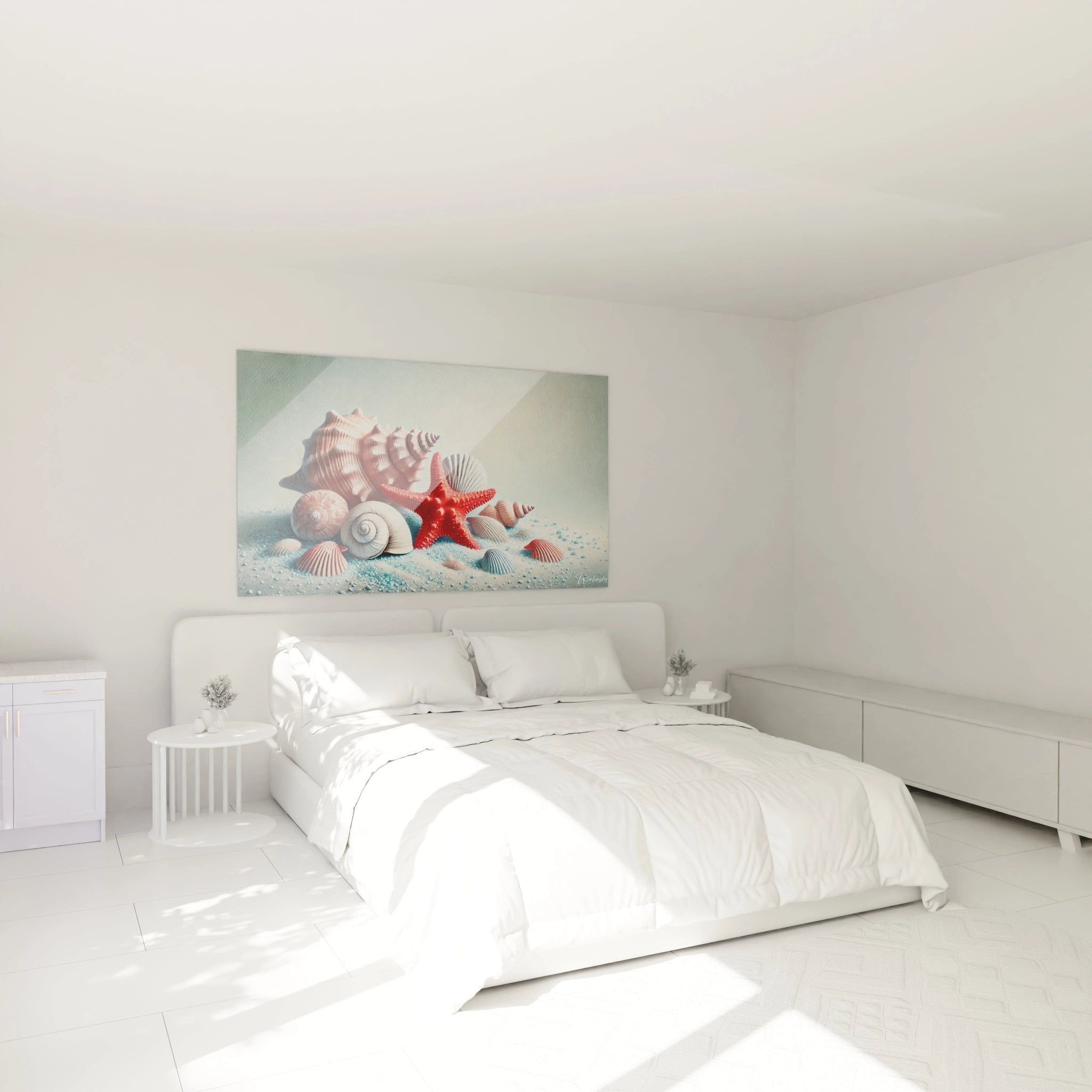 Maritimes Wandbild mit Meeresschätzen im eleganten Schlafzimmer - Strand-Atmosphäre für Wohnräume