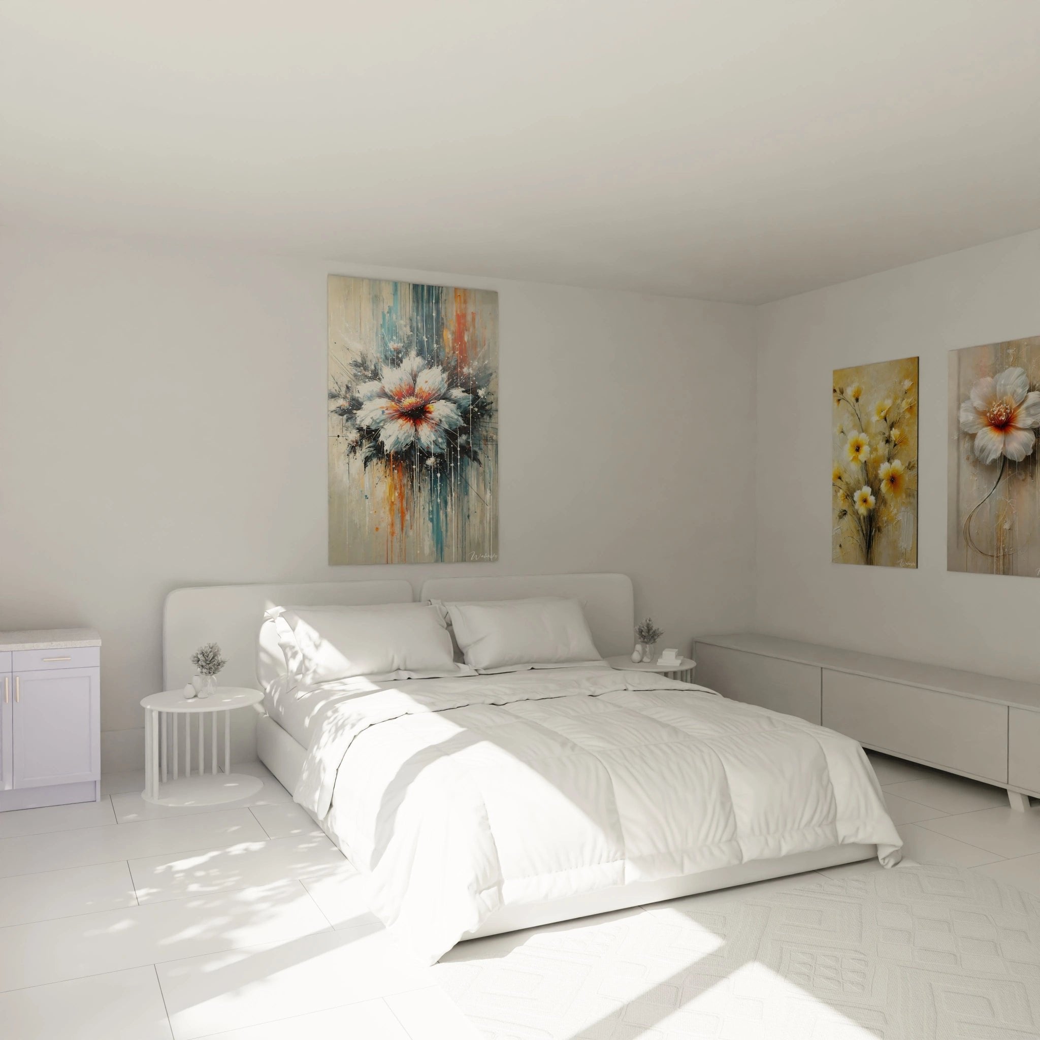 Modernes Schlafzimmer mit abstraktem Blüten-Wandbild über dem Bett in Orange und Blau